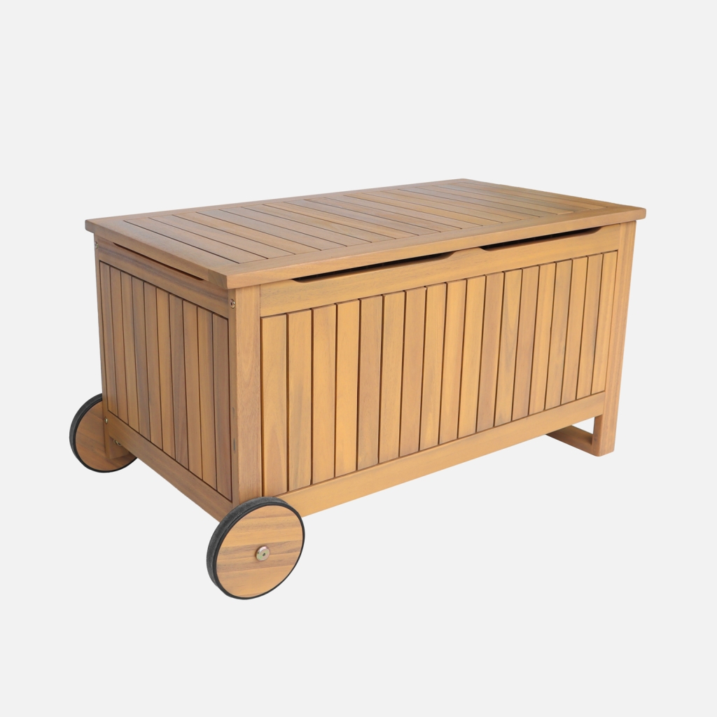 sweeek - Cofre de jardín de madera de acacia con ruedas, 119L , Kivo , 92x49x50