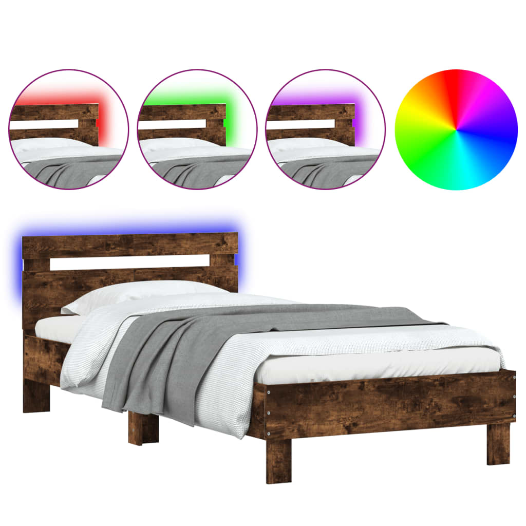 vidaXL Estructura de cama cabecero luces LED roble ahumado 100x200 cm