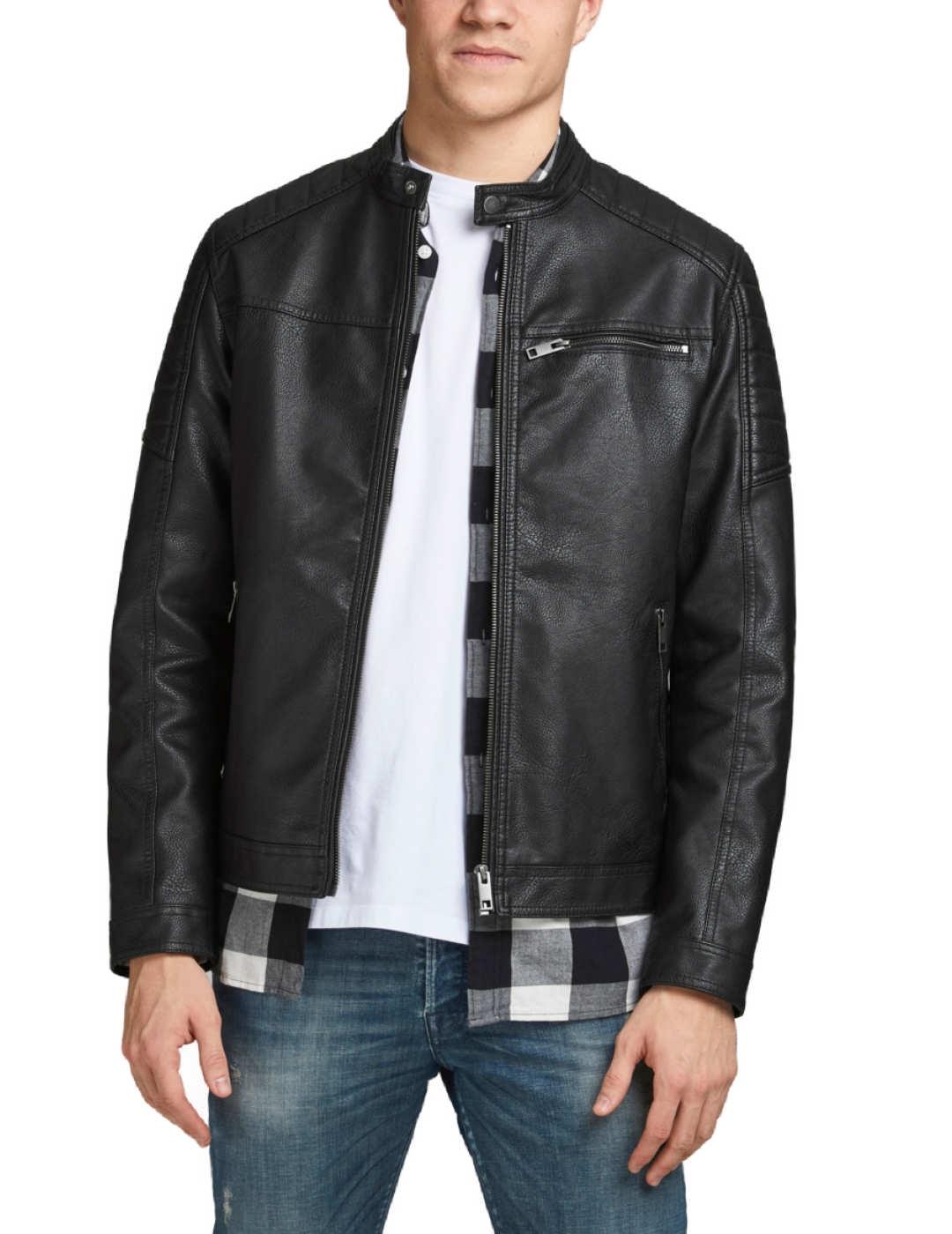 Chaqueta Jack&Jones Rocky de Hombre en Polipiel Negro con Cuello Redondo y Hombreras Acolchadas