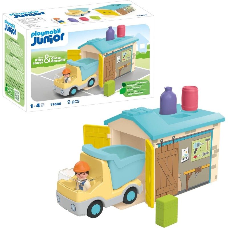 PLAYMOBIL Junior 71686 Camión de Obras con Garaje, Incluye Caja basculante móvil y Garaje edad +1 año 24P71686