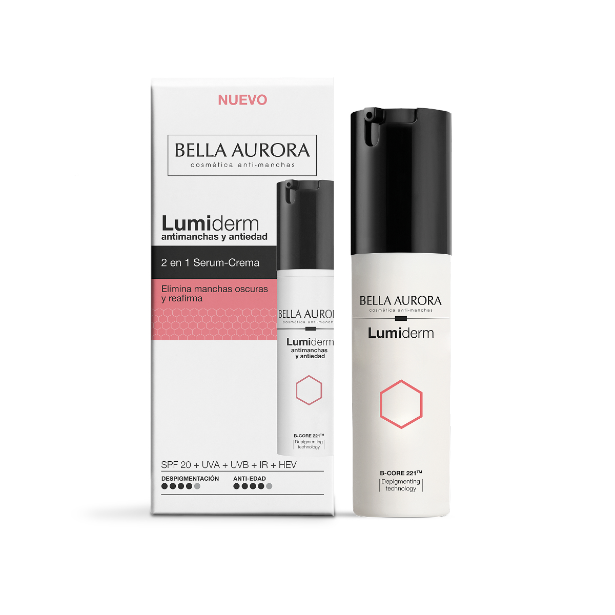 Bella Aurora Lumiderm 2 en 1 Serum-Crema Antimanchas y Antiedad – Con Tecnología B-CORE 221™, Reafirma, Ilumina y Protege con SPF20, 30ml