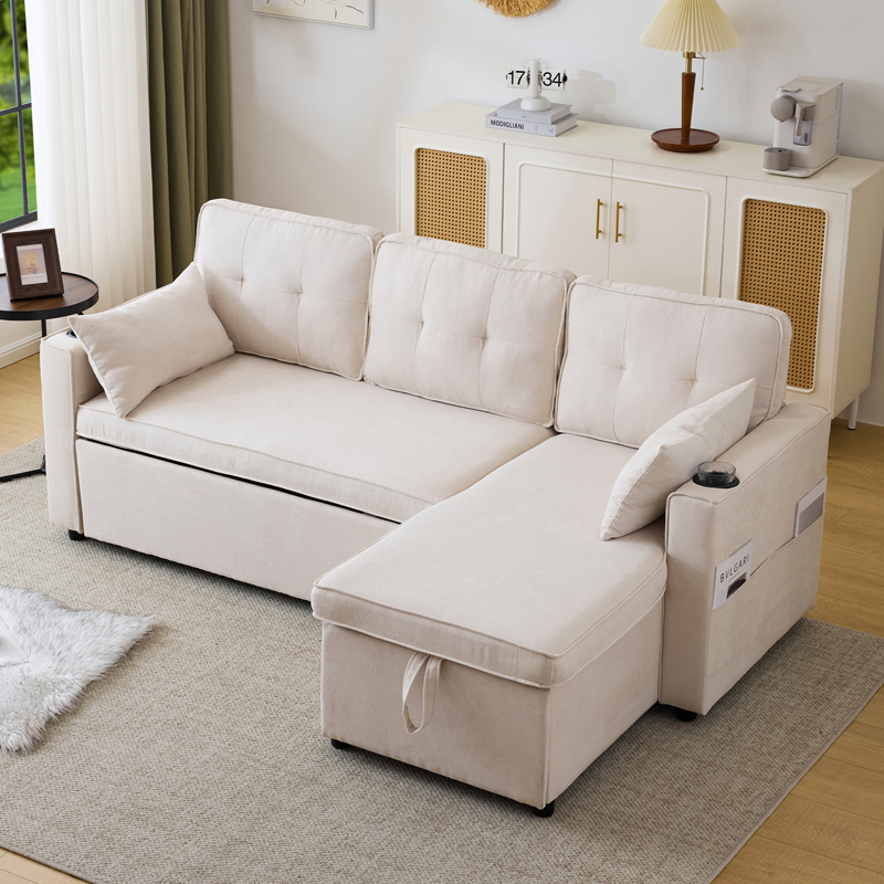 Canapé d’angle convertible beige avec fonction lit et rangement intégré