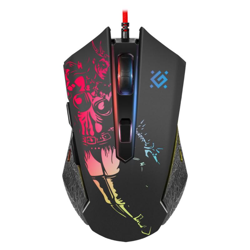 Defender GM-933 Optical Gaming Mouse with 7200 DPI, wired, 5 buttons, and programmable features, ambidextrous design, 1.5m cable, compatible with Windows and Mac OS, ideal for gaming use.