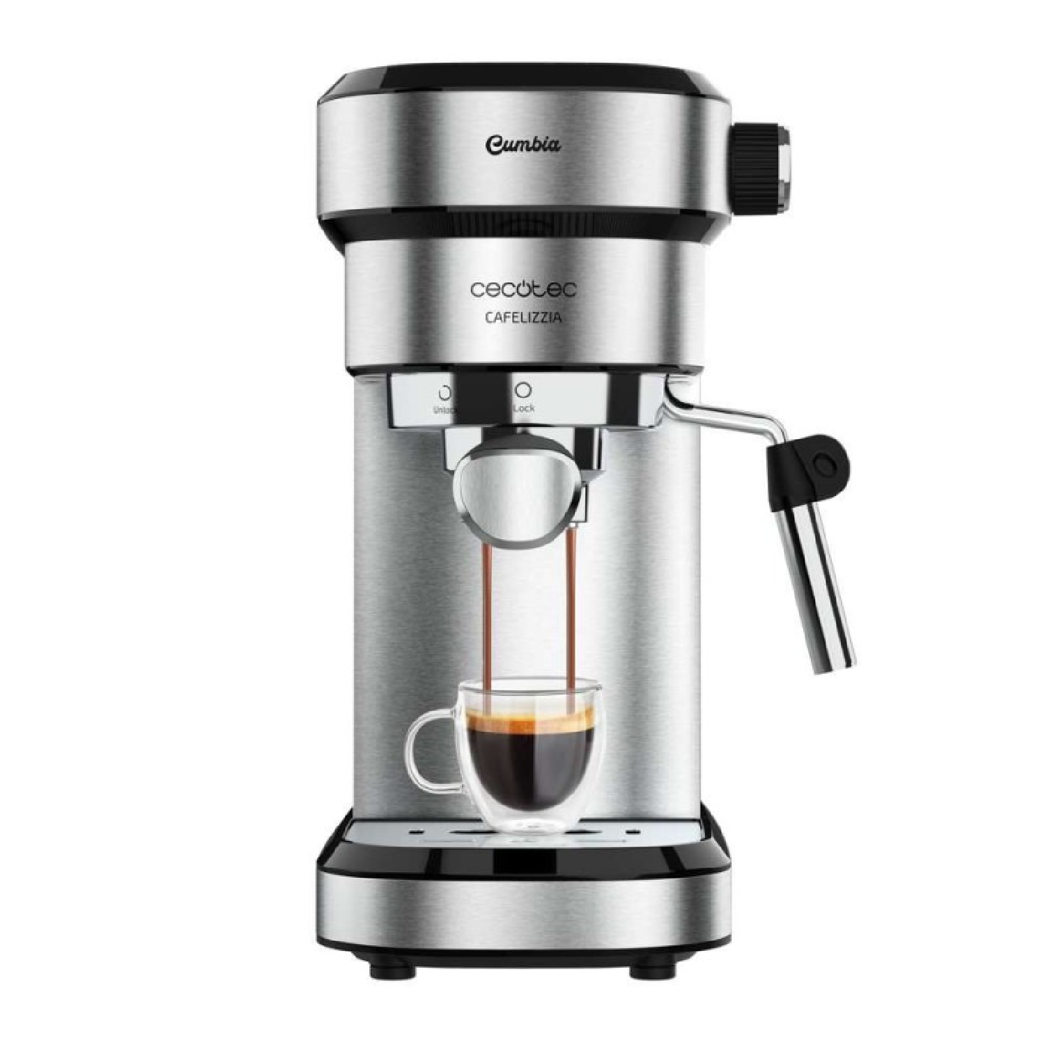Cecotec Cafetera Express con Doble Salida Cafelizzia Steel. 1350W, Brazo Portafiltro con Dos filtros, Vaporizador Orientable