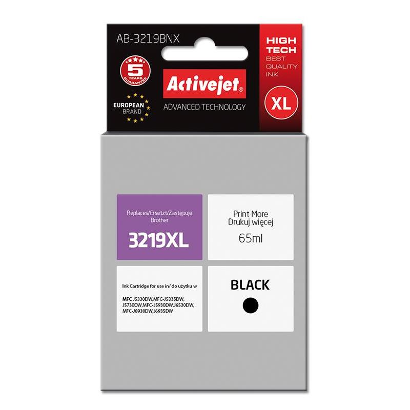 Activejet AB-3219BNX Ink Cartridge, high-performance black cartridge for Brother printers, 65 ml, compatible with MFC J5330DW, J5335DW, J5730DW, J5930DW, J6530DW, J6930DW, certified ISO 9001, ISO 14001.