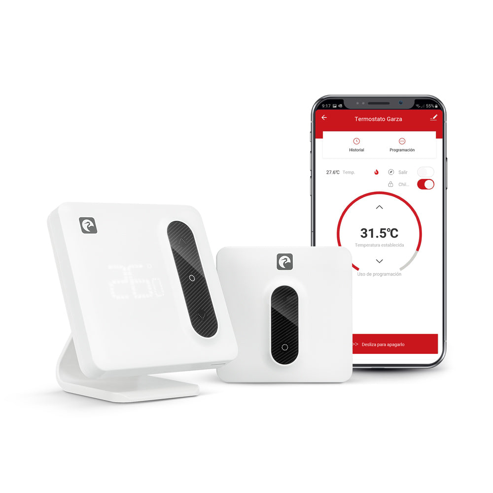 Garza - Termostato Wi-Fi Inteligente para Caldera y Calefacción, con Adaptador, Medidor Consumo, Control táctil, Detección Ventanas Abiertas, Control App y Voz, Alexa/Google