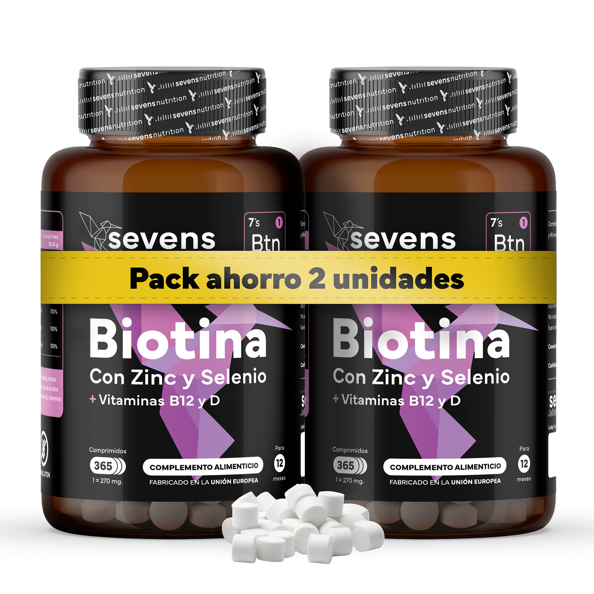 Pack 2x Biotina 10.000 mcg + Zinc_ Selenio_ Vitaminas B12 y D – Cabello_ Piel y Uñas – 730 Comprimidos (2 Años) – Sevens Nutrition
