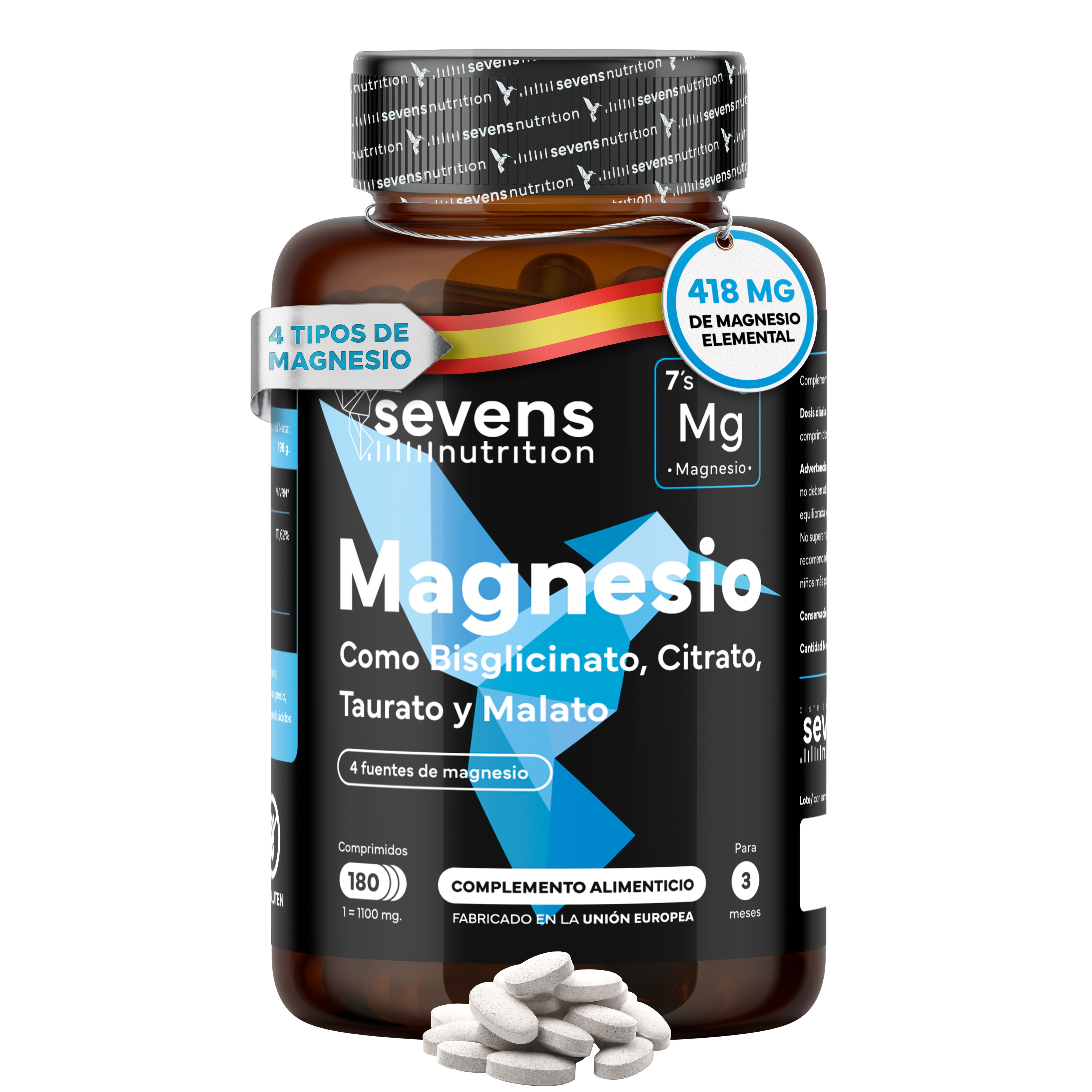 Magnesio 4 en 1 – Con Bisglicinato, Citrato, Malato y Taurato – 180 Comprimidos – Sevens Nutrition