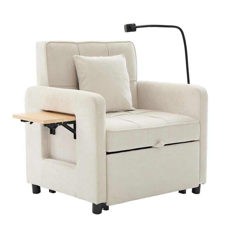 Fauteuil convertible 2 en 1 beige en chenille avec dossier réglable, coussin, rangements latéraux et tablette