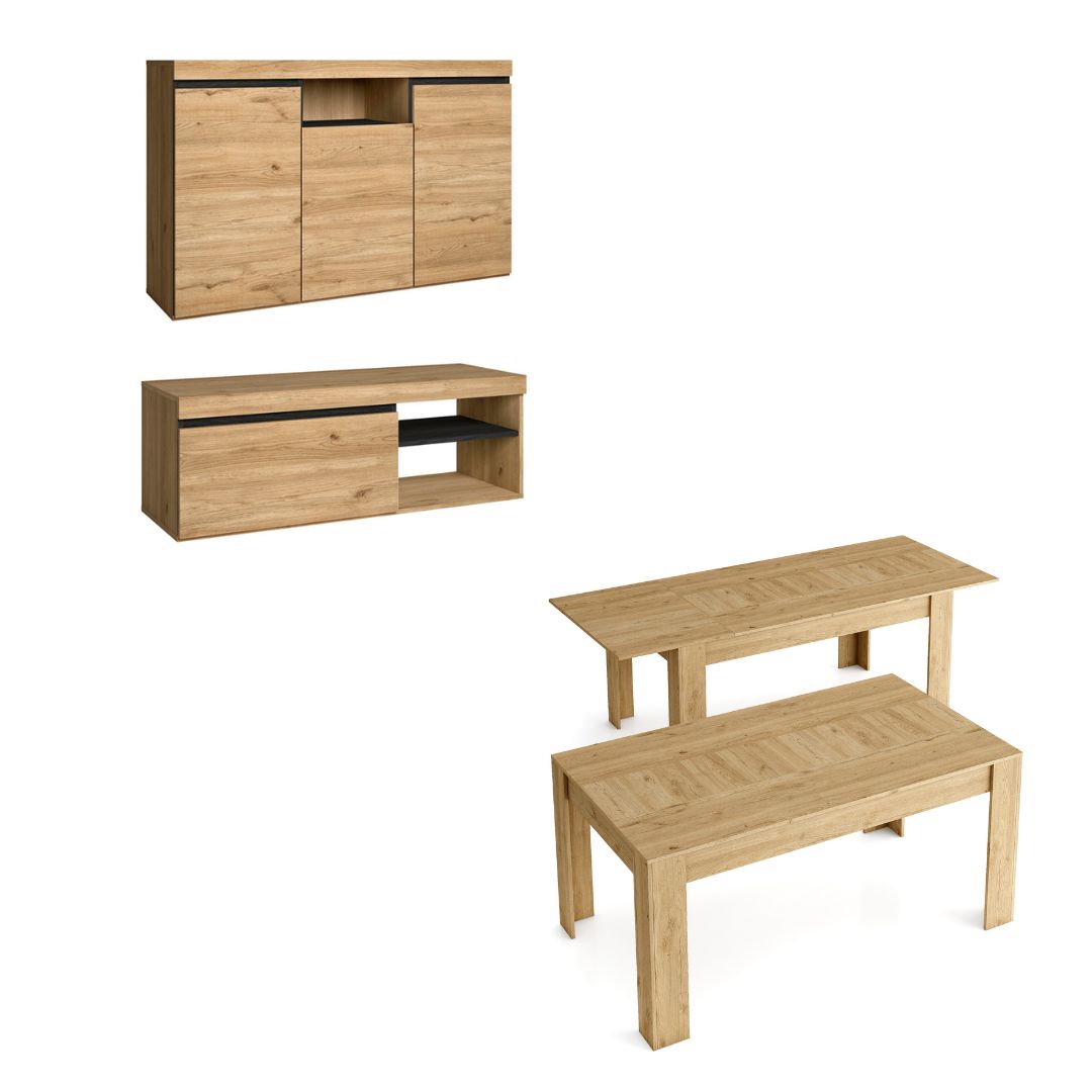 Skraut Home - Set Naturale - Buffet 140x40x81cm - Mueble TV - Mesa Extensible 140/200x90x76cm - acabado color roble negro nórdico