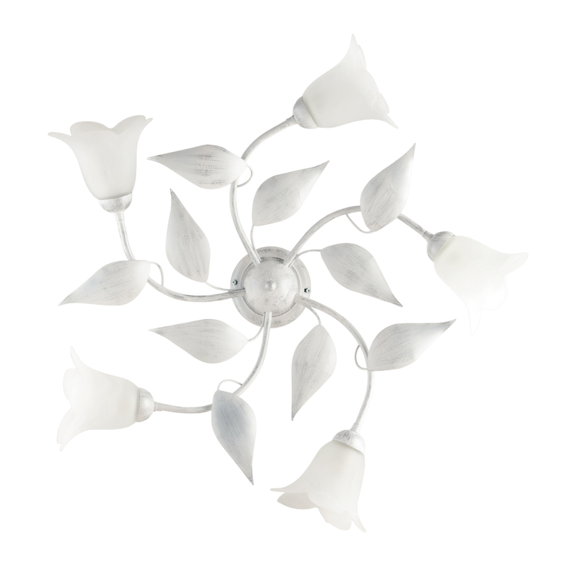 Olga - Lámpara de techo blanca con cristal alabastro y acabado plata antigua, 5 luces Ø70 cm - Belight