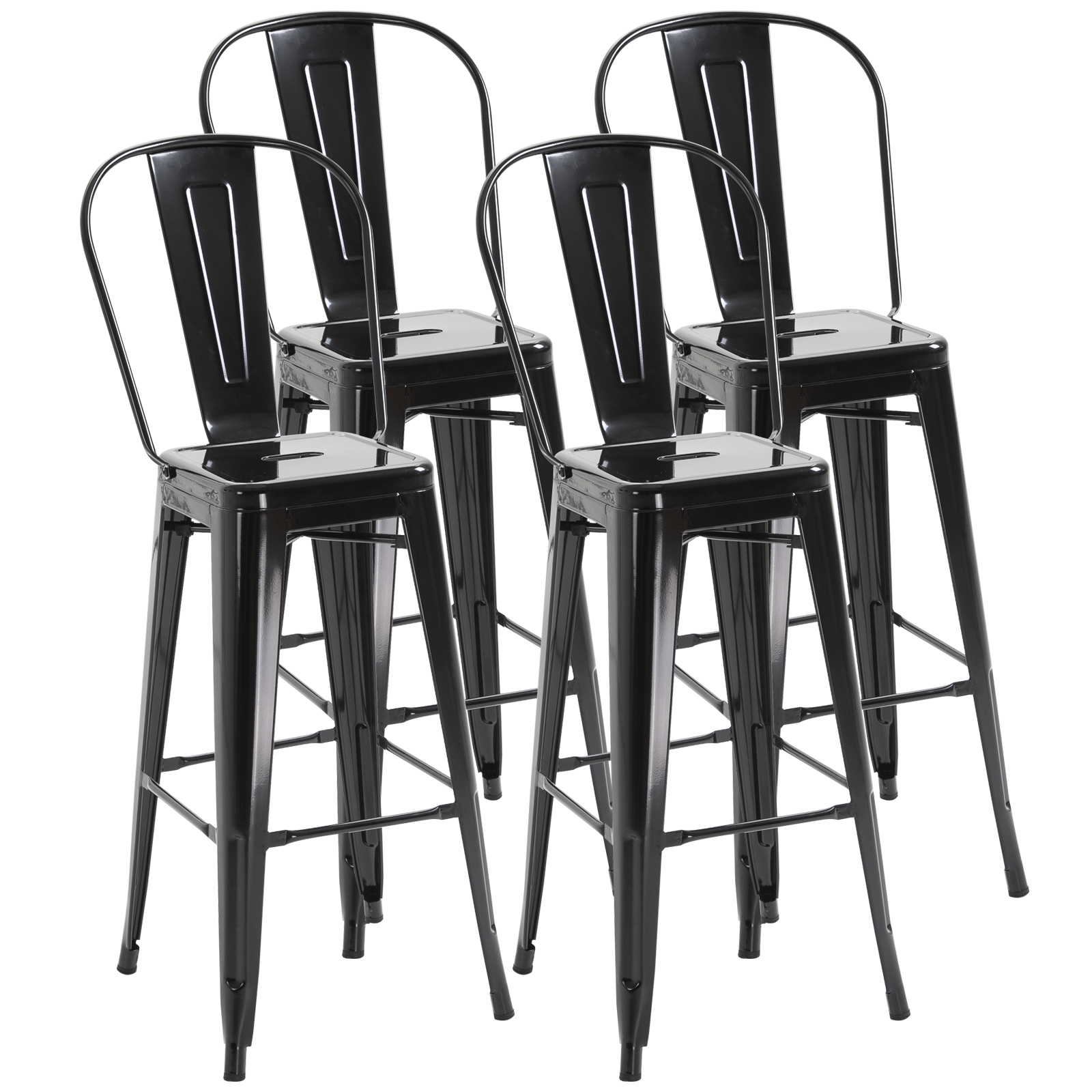 HOMCOM Juego de 4 Taburetes de Bar con Respaldo Alto Silla de Comedor de Metal con Reposapiés para Comedor Carga 120 kg 44x46x116 cm Negro