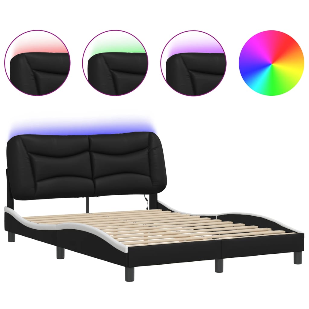 vidaXL Estructura de cama luces LED cuero PE negro y blanco 140x190 cm