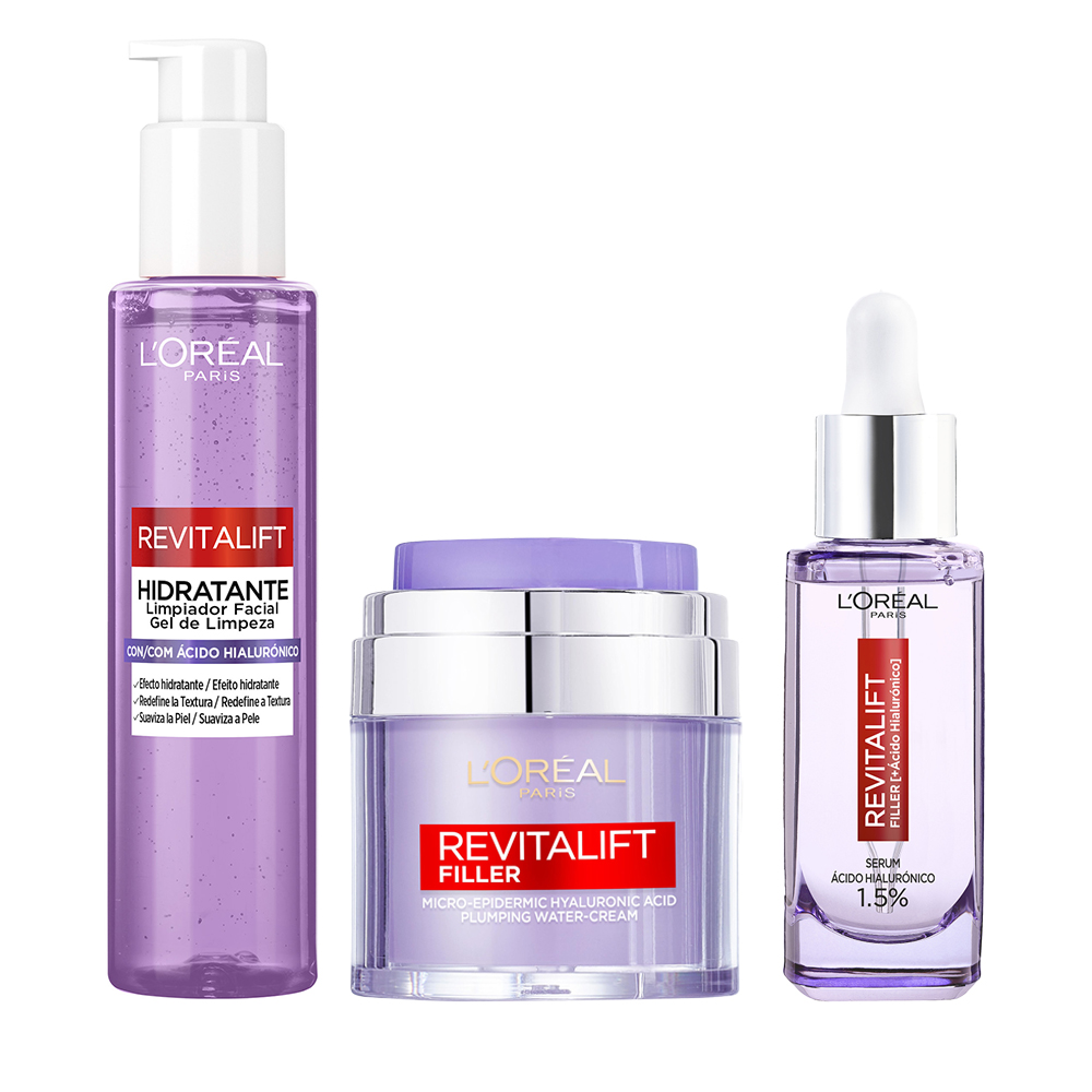 LOréal Paris | Revitalift Hidratante Limpiador Facial con Ácido Hialurónico 150ml + Revitalift Filler Serum Anti-arrugas con Ácido Hialurónico 30 ml + Gel Crema Rellenador Revitalift Filler con Ácido Hialurónico (MICRO-EPIDÉRMICO) + 3 ceramidas 50ml