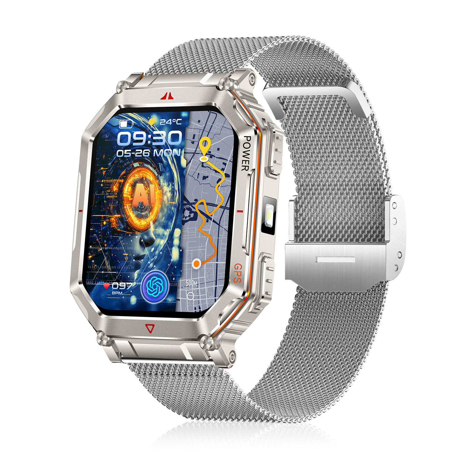 DAM.Smartwatch KR92 con llamadas BT, GPS, herramientas de exploración, monitor cardiaco, ChatGPT y + de 100 modos deportivos. Correa metálica. 4,3x1,3x5,9cm