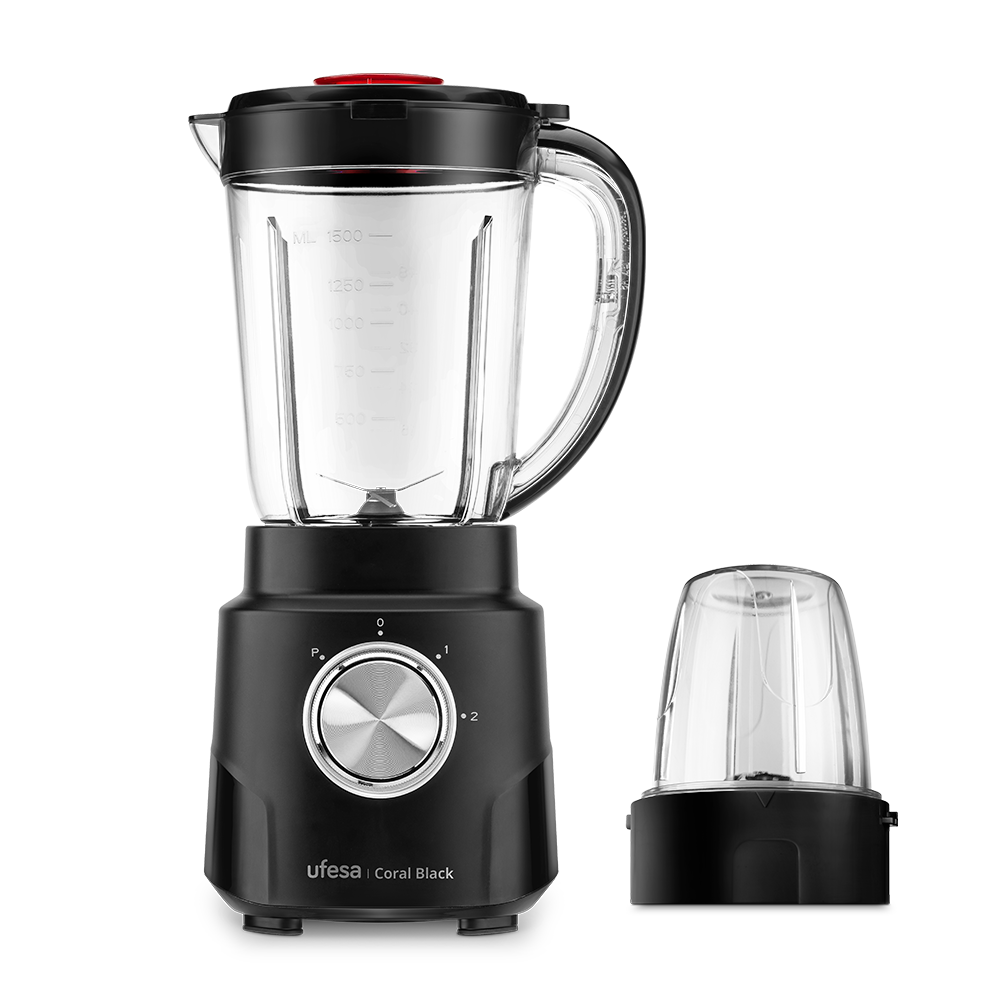 Ufesa - Batidora vaso 600W Coral Black con jarra de 1,5 L, 4 cuchillas de acero inoxidable y función turbo para smoothies, cremas y purés — apta para lavavajillas y con seguridad antideslizante