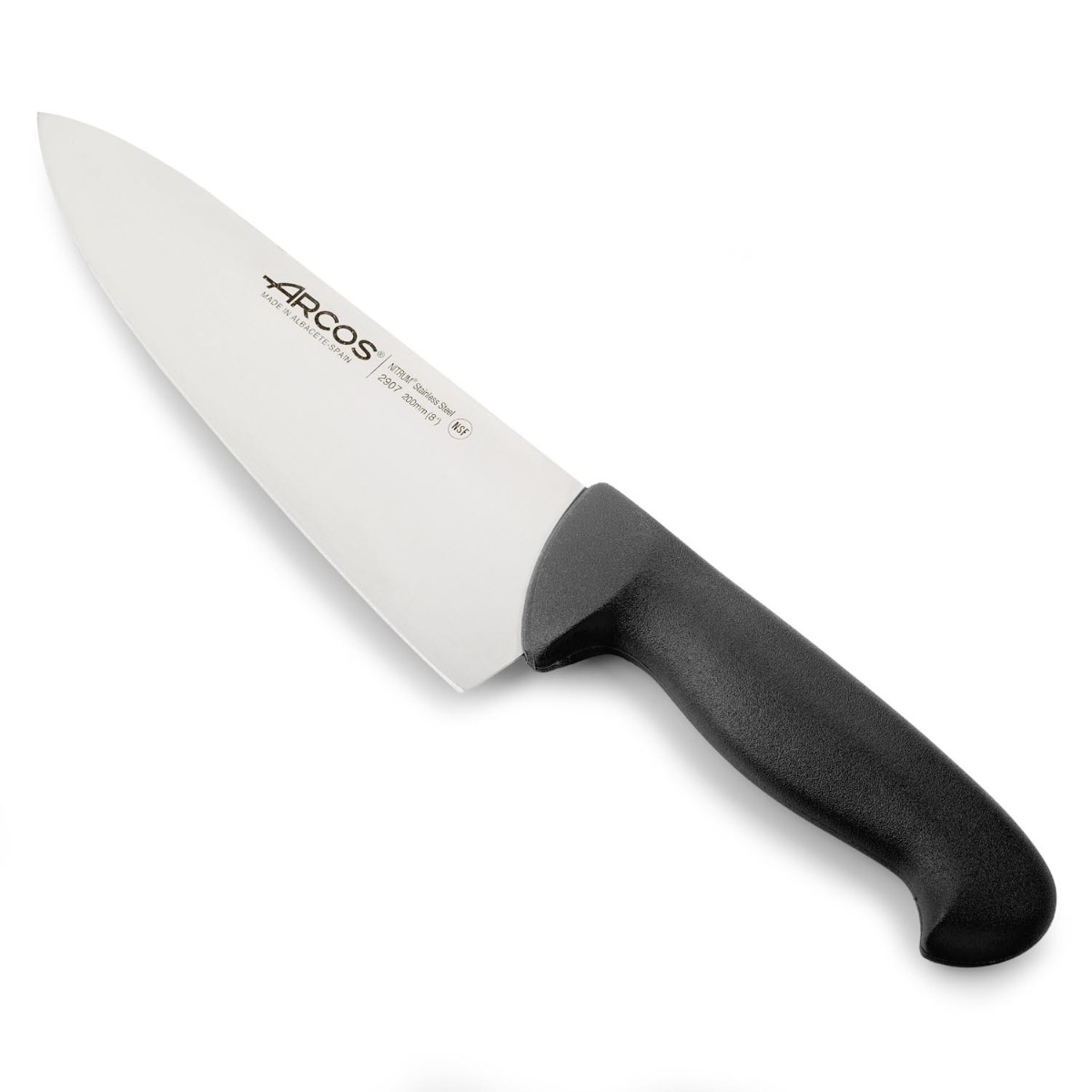 Arcos Cuchillo Chef con Hoja Acero Inoxidable Nitrum 200 mm. Cuchillo cocina profesional multipropósito. Mango ergonómico polipropileno. Serie 2900. Color negro.