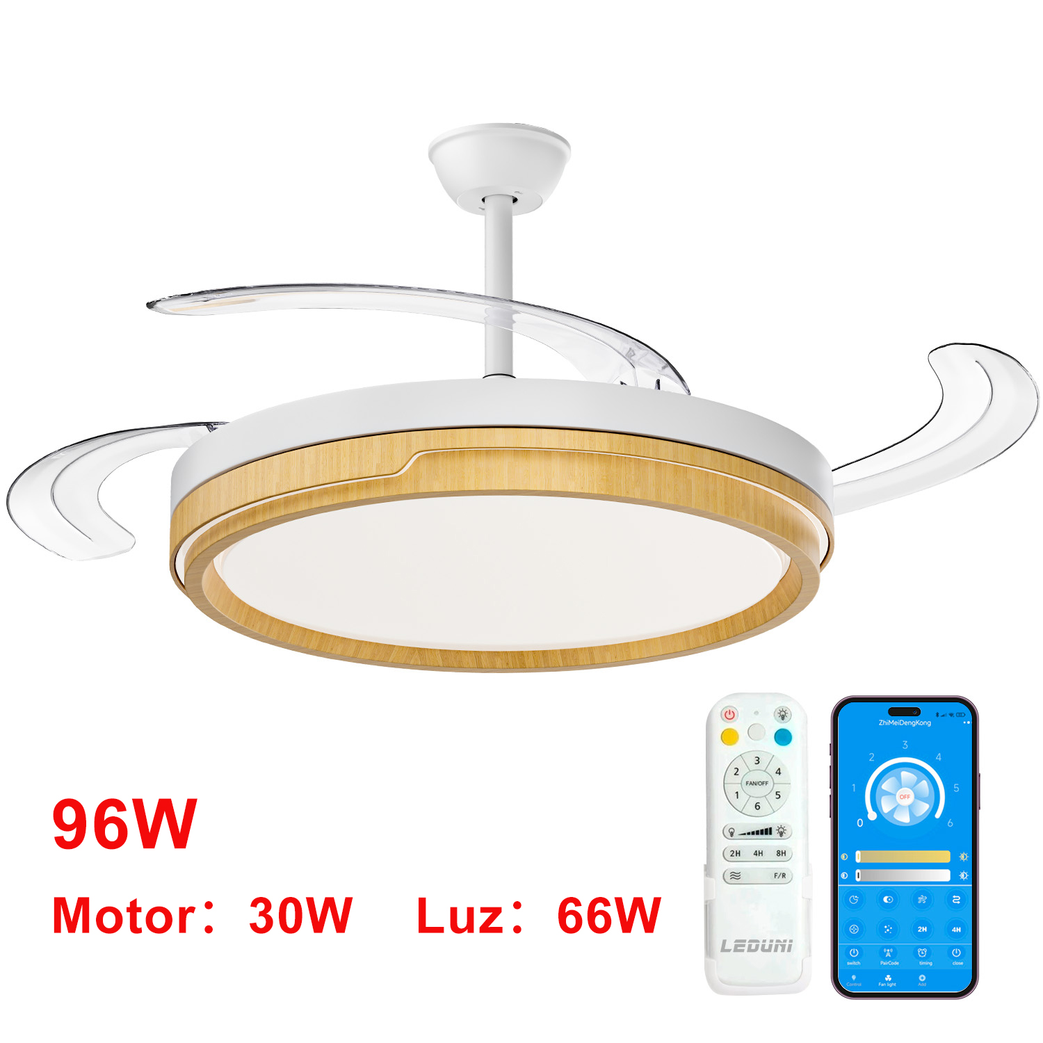 Ventilador de Techo iotostark con Luz LED Retráctil 106cm, 3 Aspas, Potencia Total 72W, Sin APP, con Mando a Distancia, Temporizador, 6 Velocidades, 3 Temperaturas de Luz, Función Verano-Invierno, Silencioso, Blanco iotostark-leduni