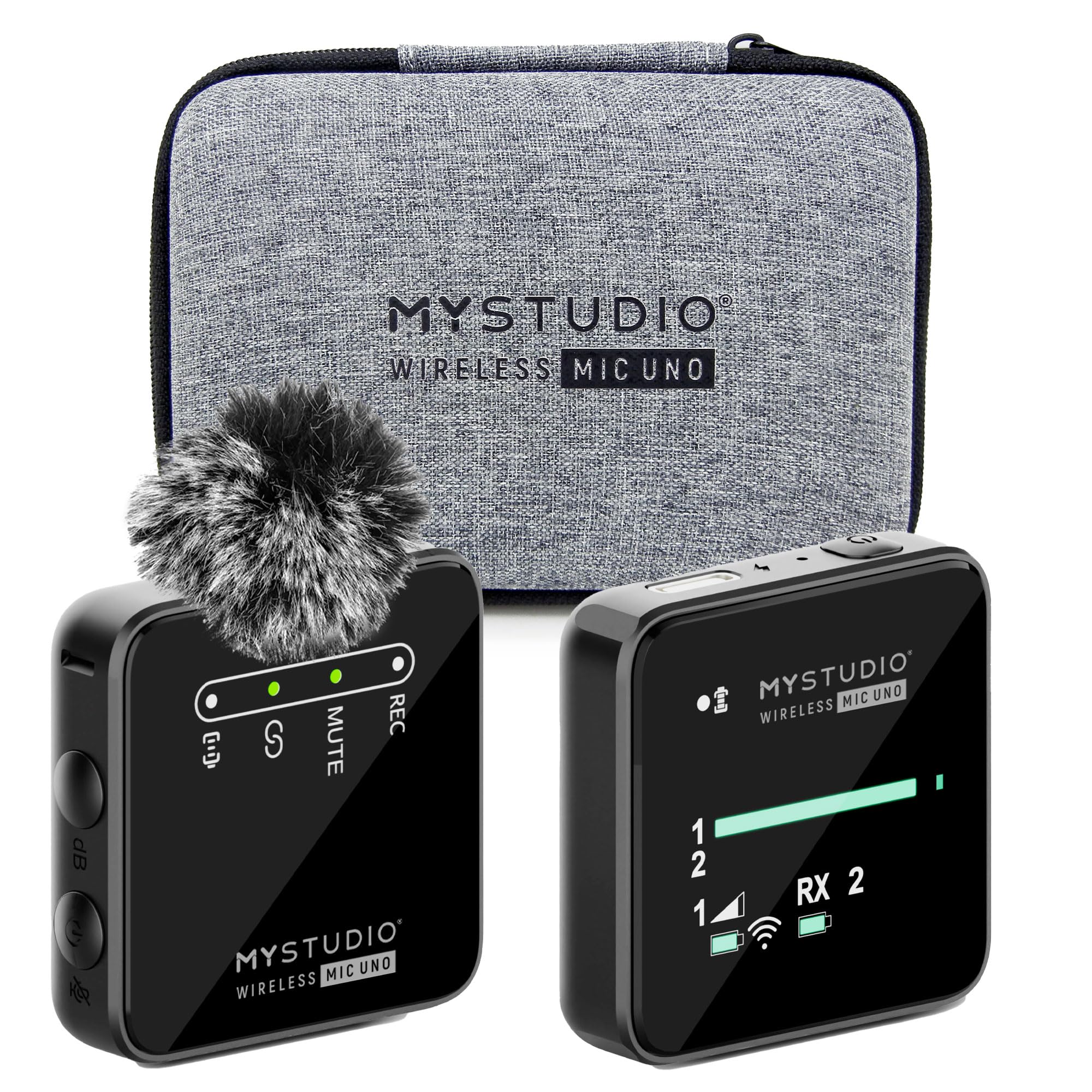 MyStudio Micrófono inalámbrico UNO • Juego de micrófono con Solapa de Solapa Lavalier • Inalámbrico • Compatible con Smartphones y cámaras • Funda rígida incluida
