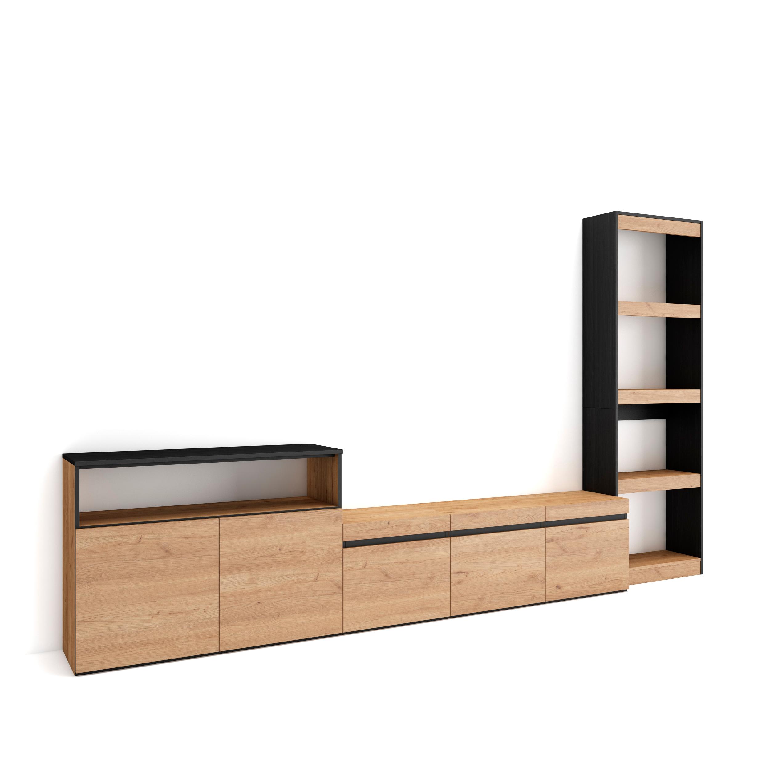 Skraut Home, Conjunto de muebles de Salón, Estantería, Mueble TV con tres puertas, Aparador con dos puertas, 310x35x186cm