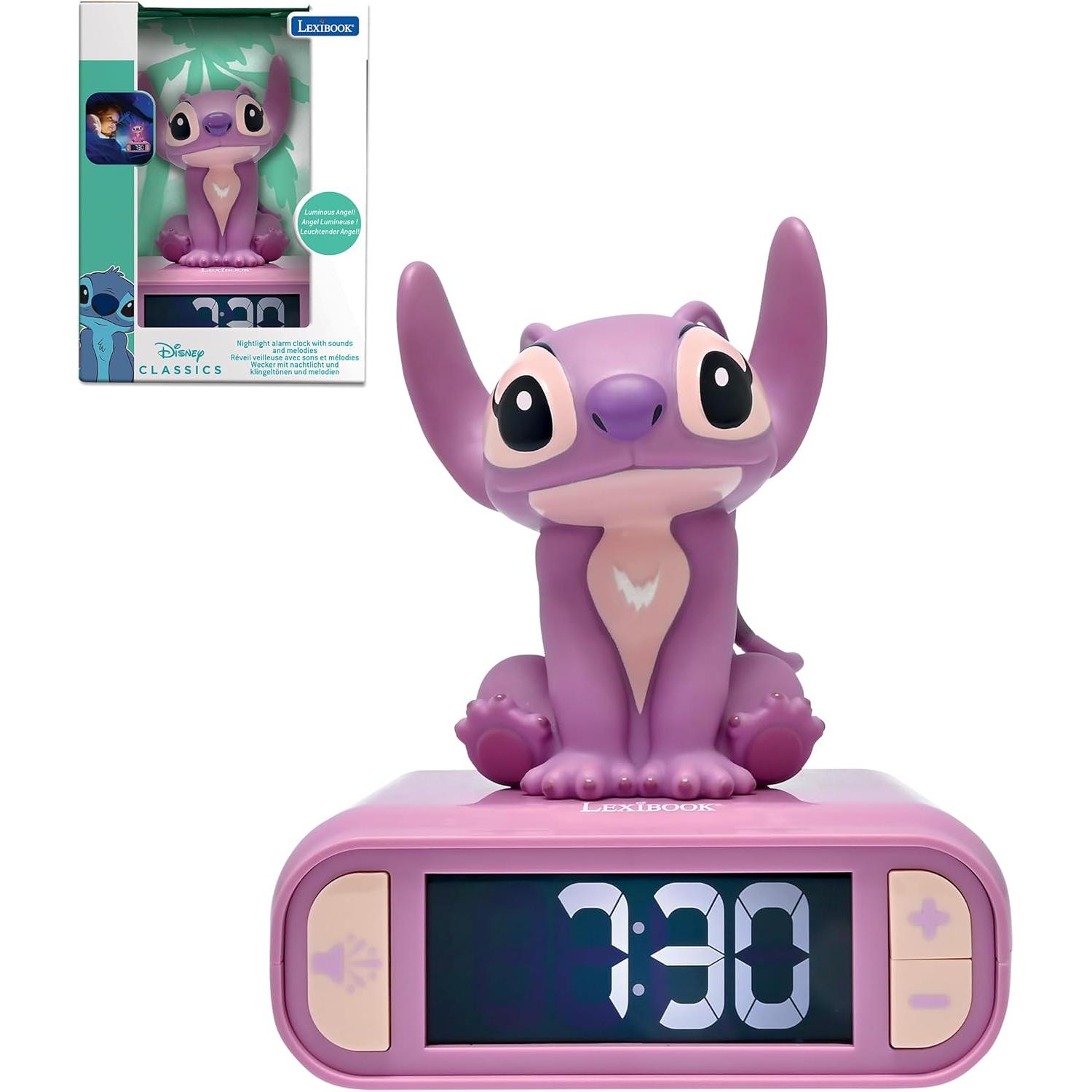 LEXIBOOK - Disney Stitch, Despertador Luminoso Angel - Tonos y melodías, Pantalla LCD retroiluminada, Luminoso, función de repetición, Rosa