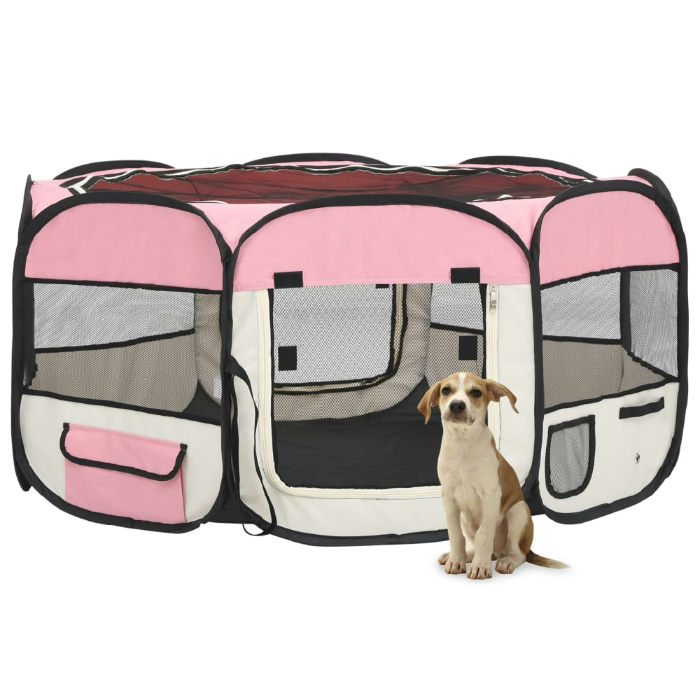 vidaXL PARQUE DE PERROS PLEGABLE Y BOLSA TRANSPORTE ROSA 145X145X61CM