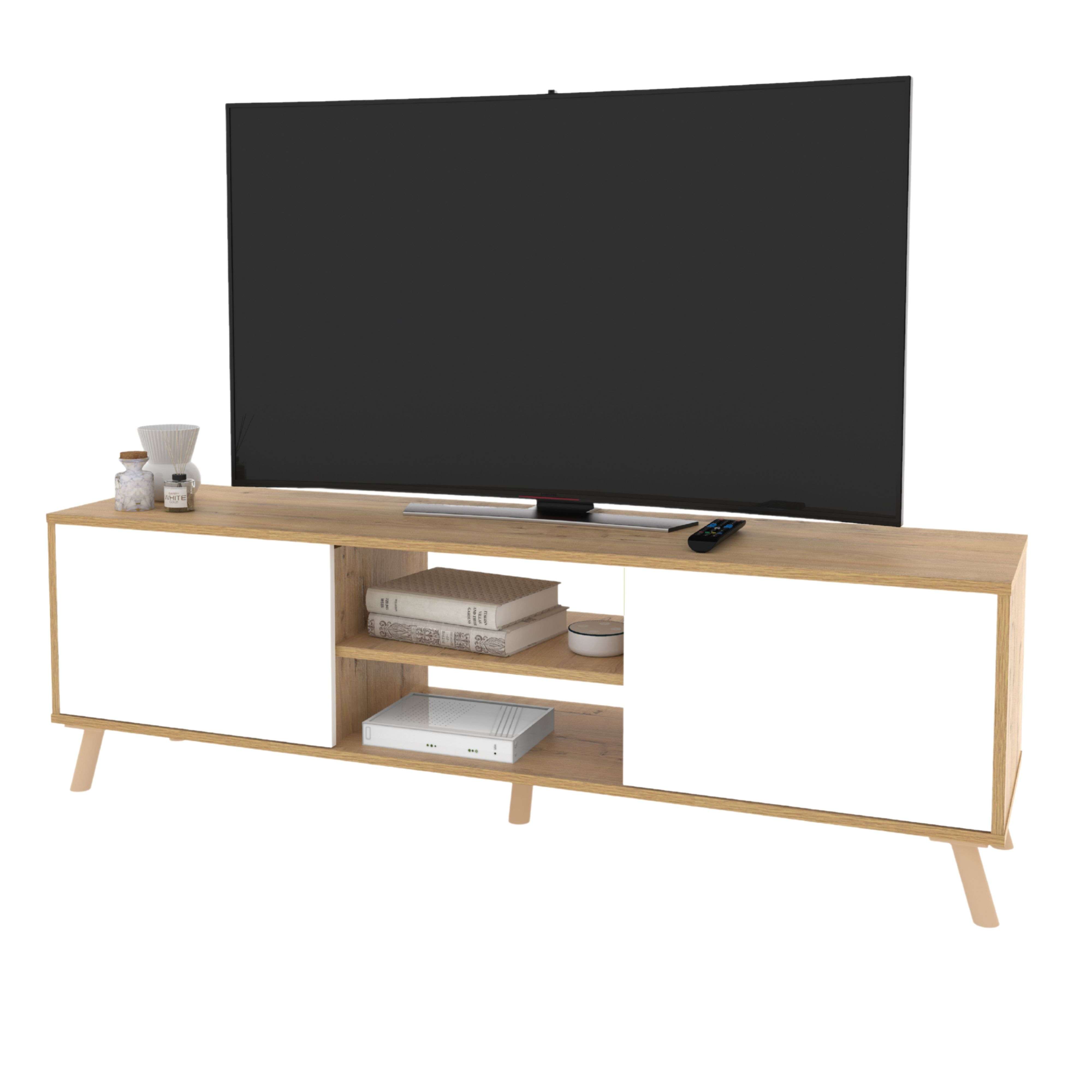 Miroytengo Mueble de TV 160 cm Oslo salón 2 puertas 1 estante central patas ABS roble gold y blanco mate