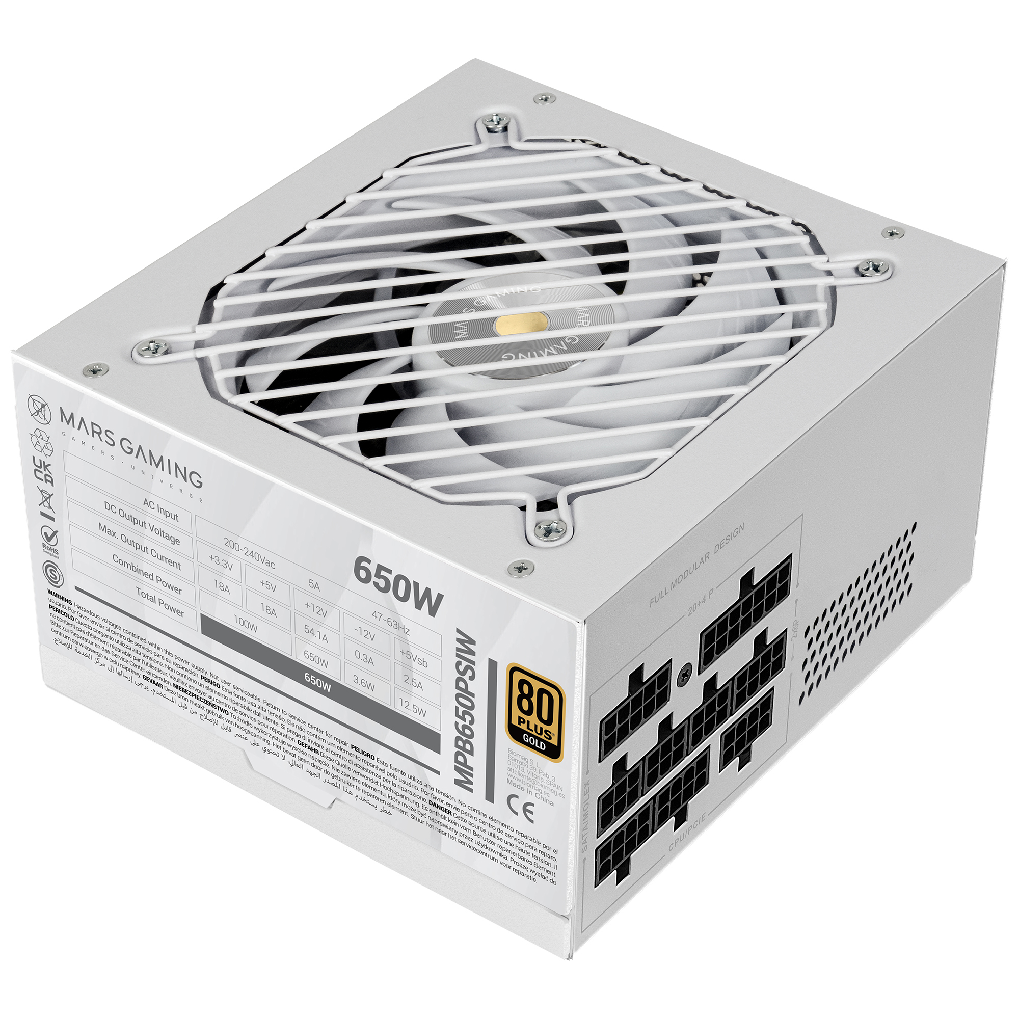 Mars Gaming MPB650PSI, Fuente de Alimentación PC Full Modular 650W, 10 Años de Garantía, 80Plus Gold 90%, Ventilador SI Extreme Silence, Tecnologías AI2-RPM, DC-DC y SMD, ATX 3.1 y PCIe 5.1, Fuente PC Negra o Blanca