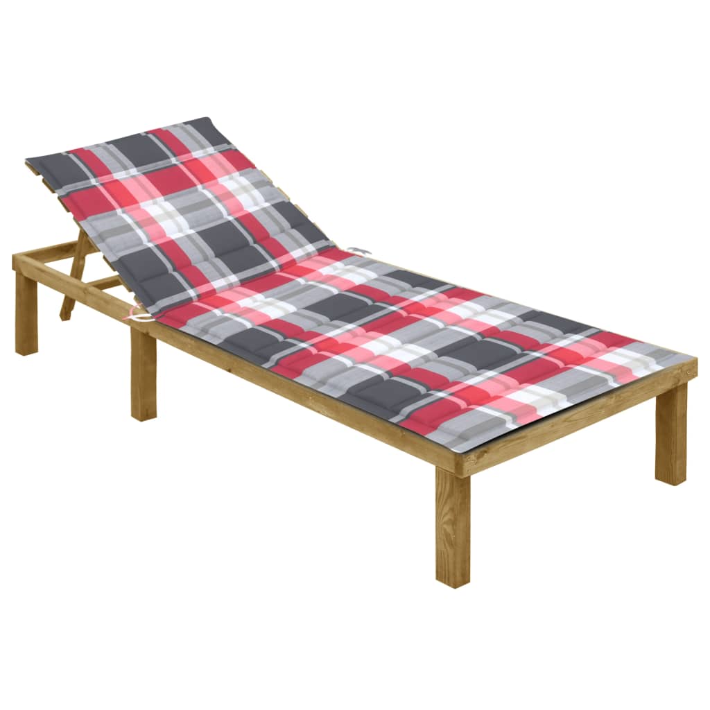 vidaXL Tumbona con cojín madera de pino impregnada en color Negro/Verde brillante/Estampado cuadros rojos y más | acolchados duraderos para sofás de jardín terraza exterior