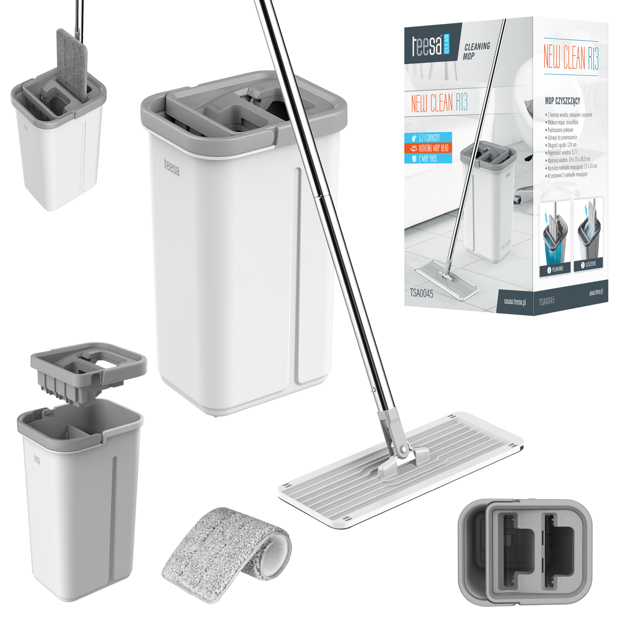 Trapeador plano de doble cámara Teesa New Clean R13, 2 microfibras, 5,7 l