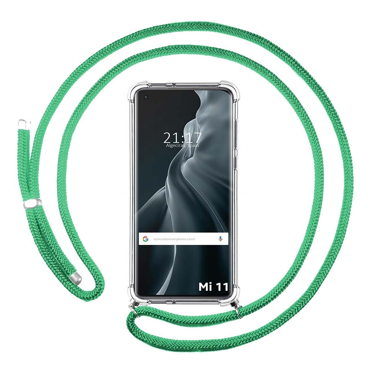 Tumundosmartphone Funda Colgante Transparente para Xiaomi Mi 11 5G con Cordon Verde Agua