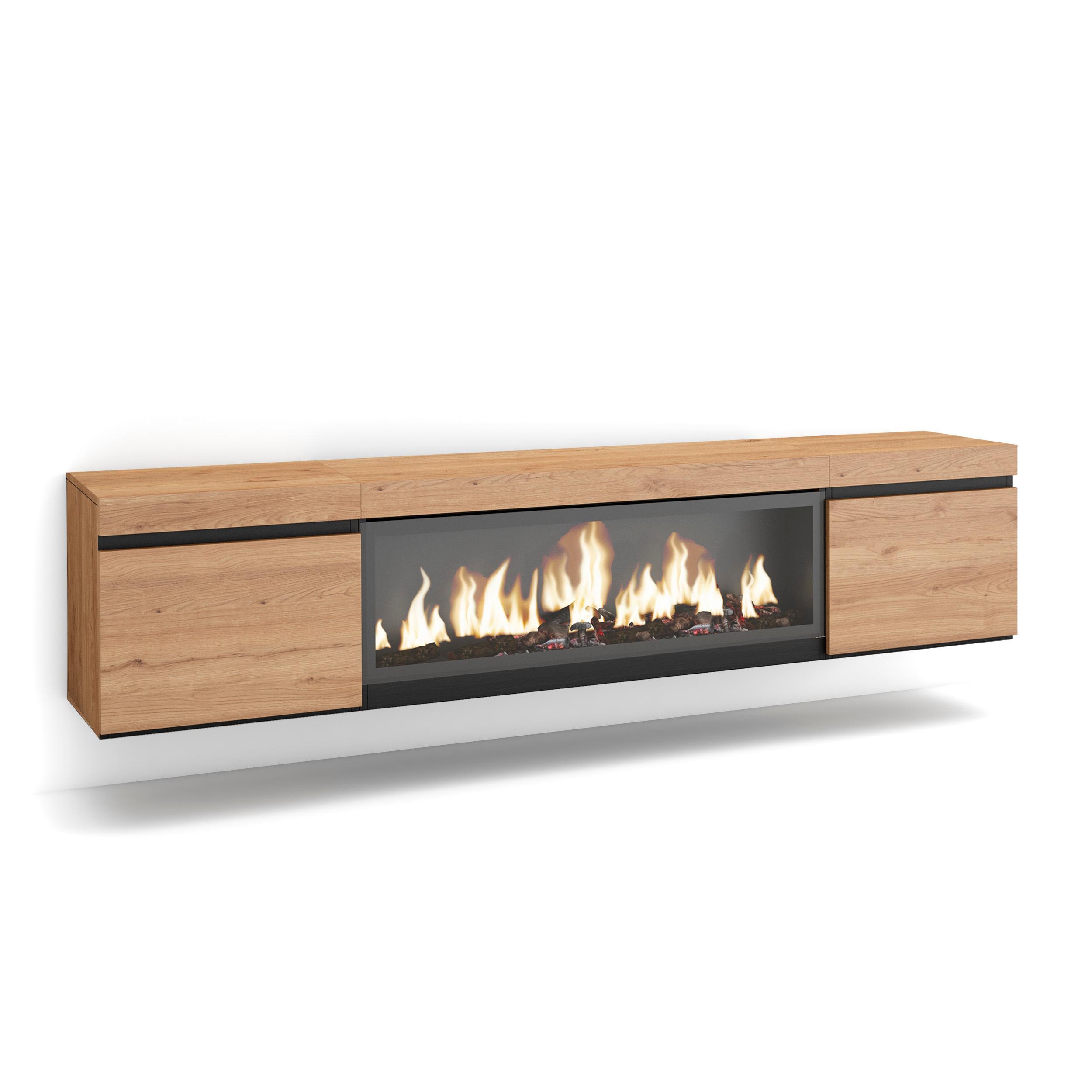 Skraut Home, Mueble Televisión, 208x35x45cm, Fuego Led XXL efecto 3D, Veteado de madera, Tacto poroso de alta calidad