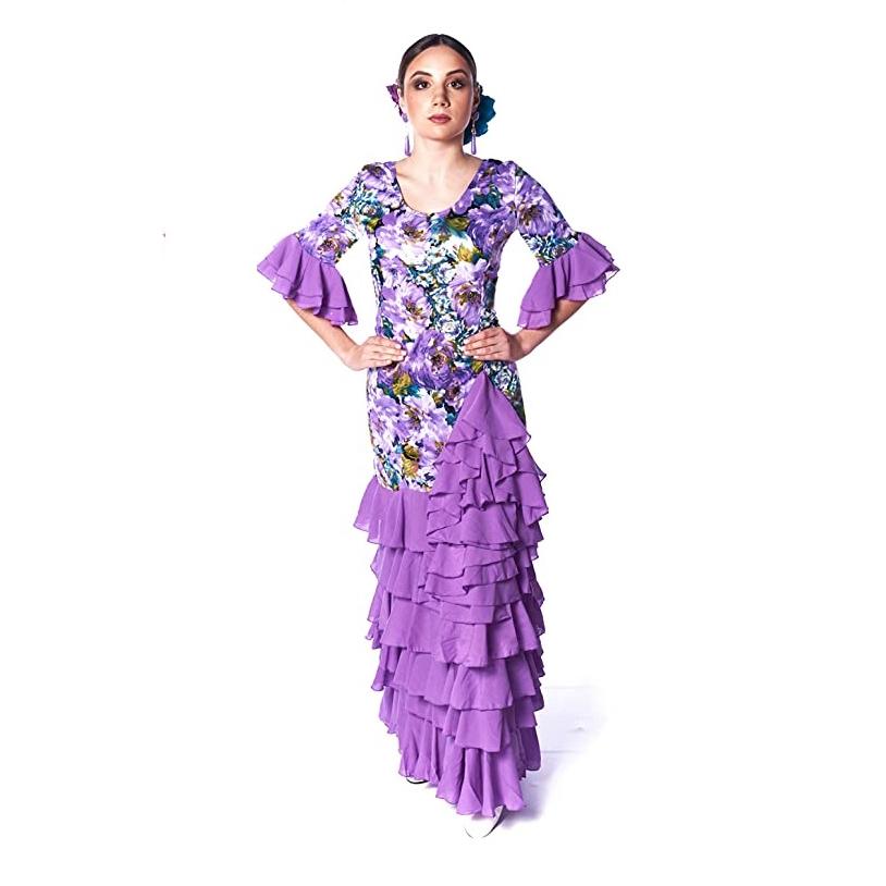Falda flamenca de mujer estampada de flores con 5 volantes color FUCSIA -   España