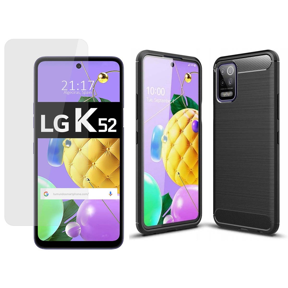 Tumundosmartphone Pack 2 En 1 Funda Gel Tipo Carbono + Protector Cristal Templado para Lg K52