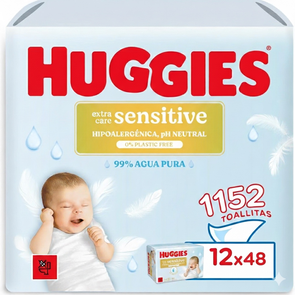 Huggies Extra Care Sensitive 1152 Toallitas (12 packs de 48 Toallitas) Cuidado 4 en 1 para Piel Sensible: Limpia, Calma, Protege contra la Irritación y Equilibra el PH. Clínica y Dermatológicamente Testado, sin Fragrancias ni Parabenos.
