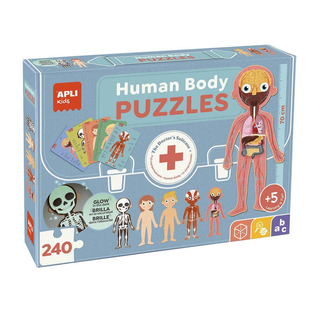 Puzle el Cuerpo Humano ¡Descubre las partes del cuerpo humano, el esqueleto, los órganos y los músculos! Incluye 240 piezas. 35x75x24 cm (Apli 19438)