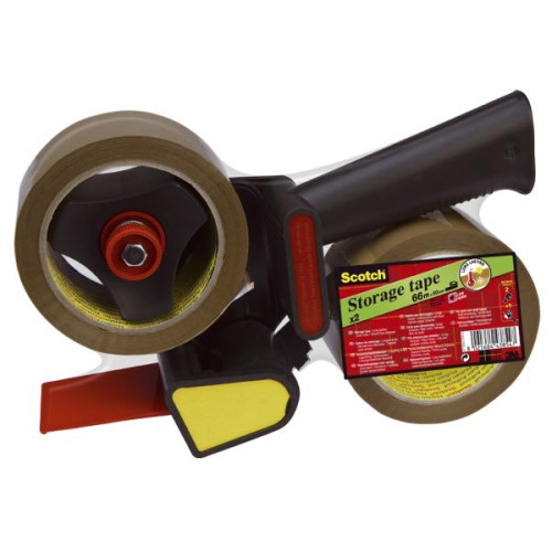 Scotch Cinta de Embalaje de Alta Resistencia Marrón - 2 Rollos de 50 mm x 66 m + 1 Dispensador con Mango - Cinta Adhesiva de Calidad para Cerrar Cajas, Cartones y Paquetes