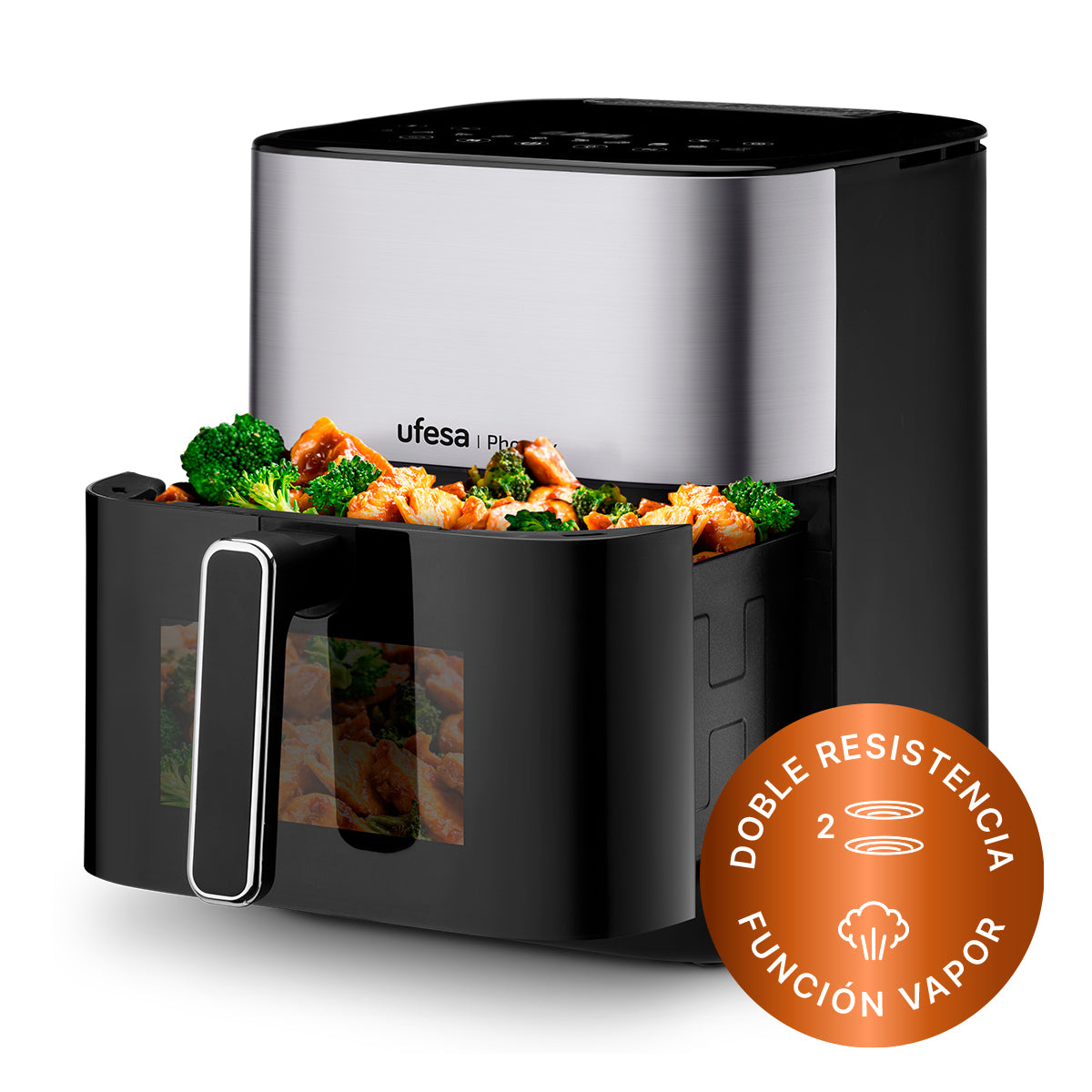 Ufesa - Freidora de aire Phoenix con vapor y doble resistencia 6L, función vapor para recetas jugosas y crujientes, 10 programas preestablecidos, cubeta metálica con ventana y luz interior, ideal para familias de hasta 6 personas