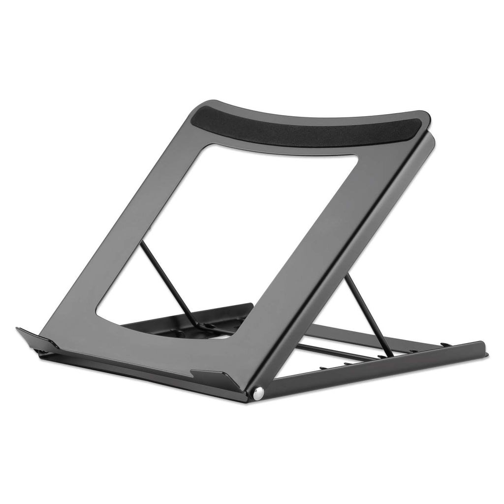 Manhattan 462129 Adjustable Stand for Laptop and Tablet, ergonomic laptop stand made of aluminum alloy for heat dissipation, perfect as a portable riser or desktop stand, enhancing comfort while working or studying.