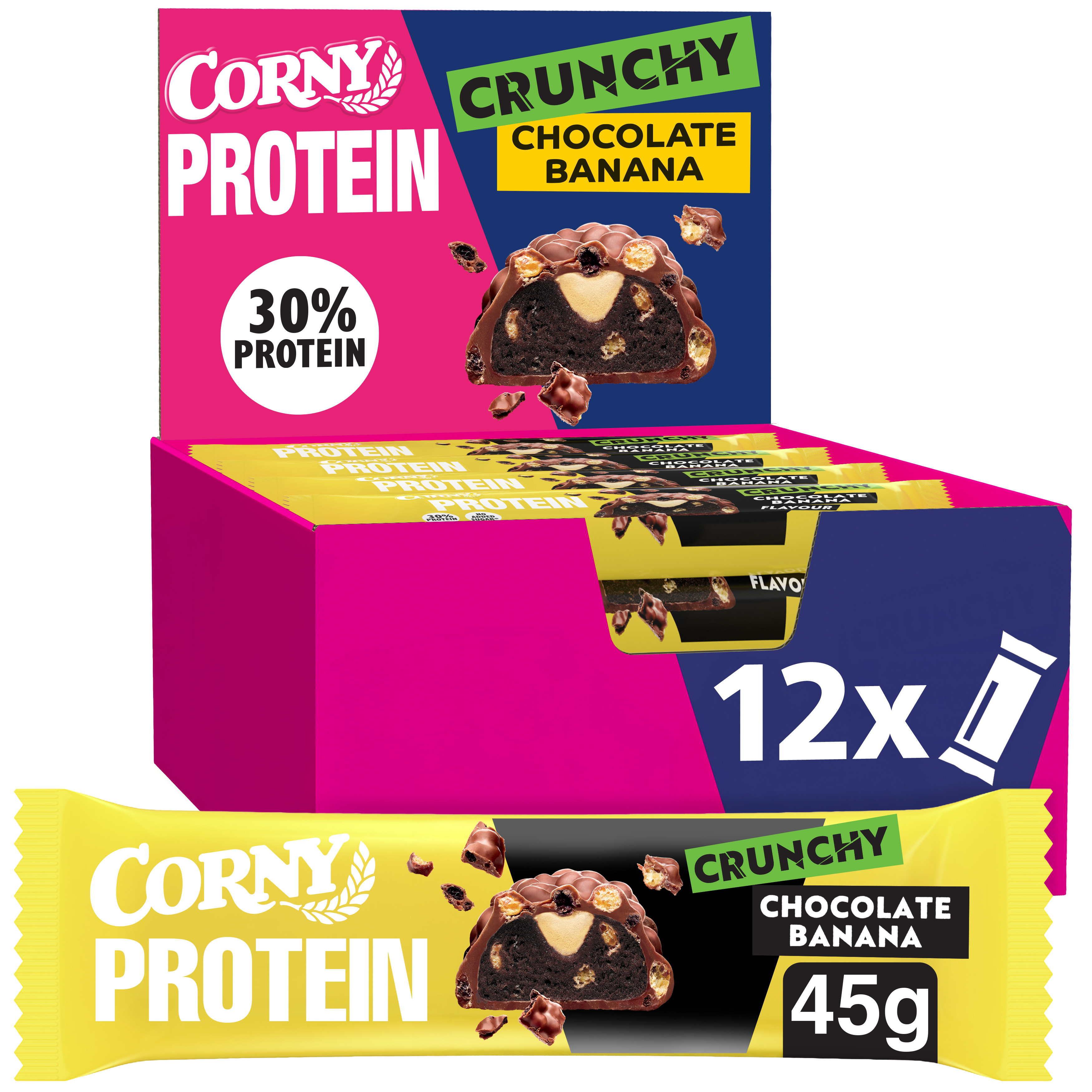 CORNY Protein Crunchy Barritas 30% Proteína Chocolate y Banana. Sin Azúcares Añadidos. Pack 12x45gr