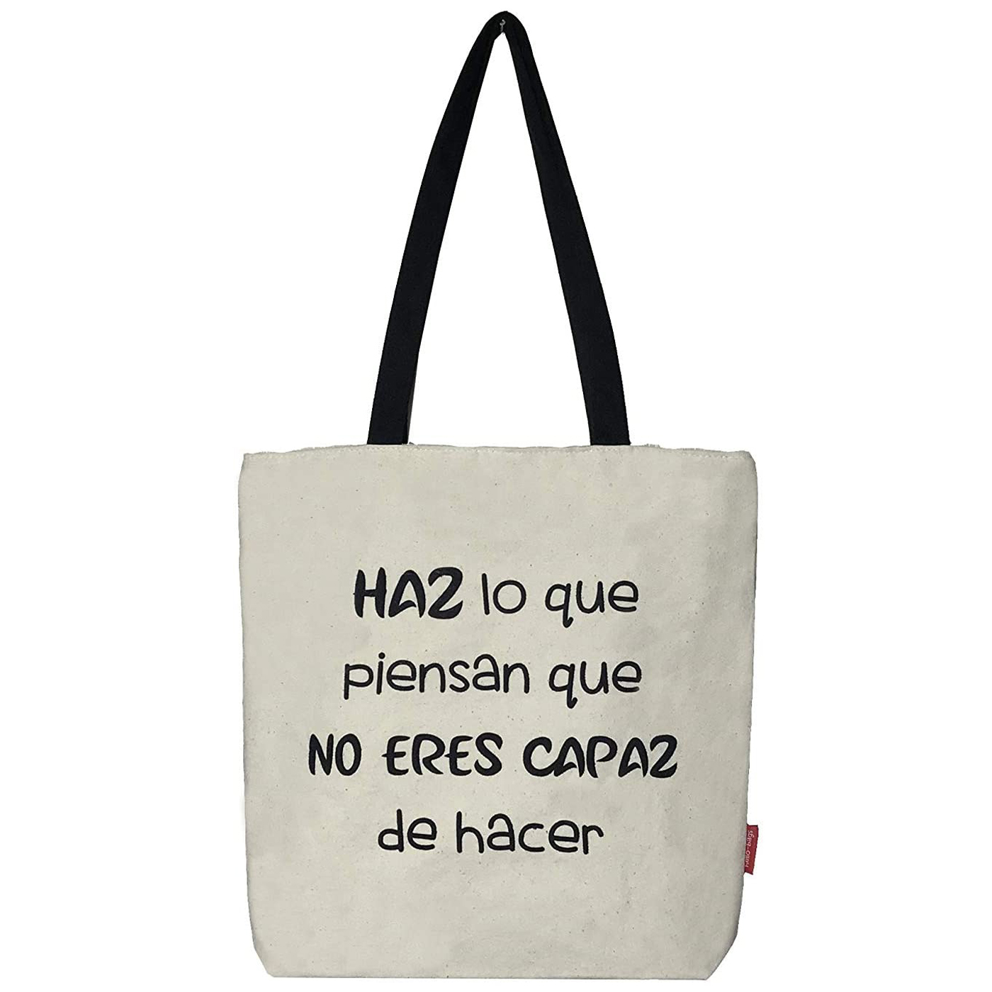 Hello-Bags. Bolso tote bag con cremallera, forro y bolsillo interior. Exterior: Algodón 100%. Incluye sobre kraft de regalo. Modelo HAZLO. Color: Crudo / Negro. Medidas: 37x38 cm.