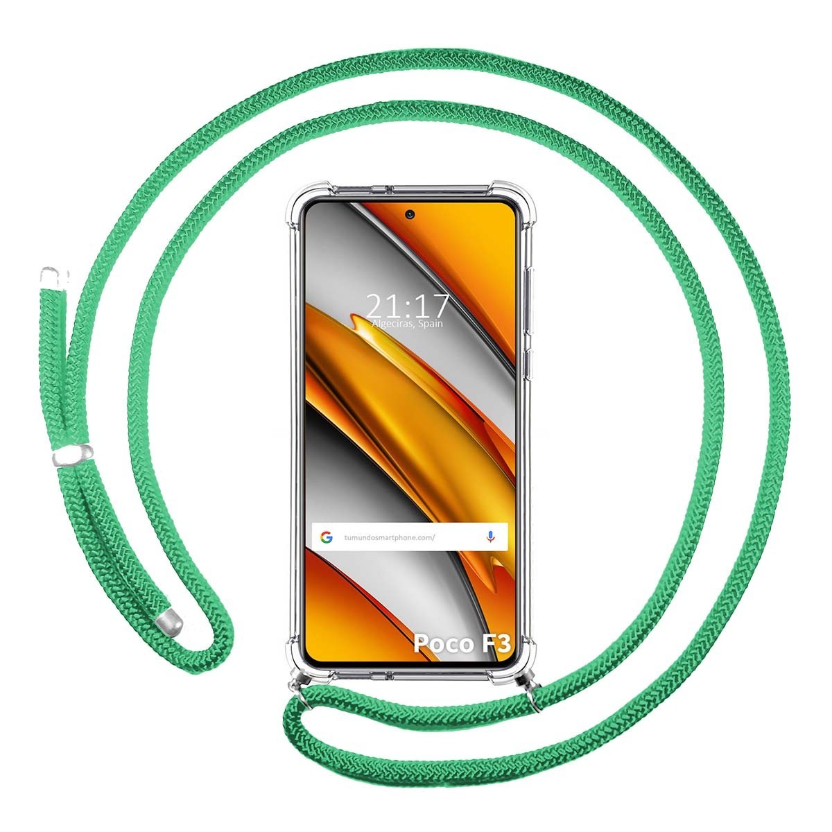 Tumundosmartphone Funda Colgante Transparente para Xiaomi POCO F3 5G / Mi 11i 5G con Cordon Verde Agua