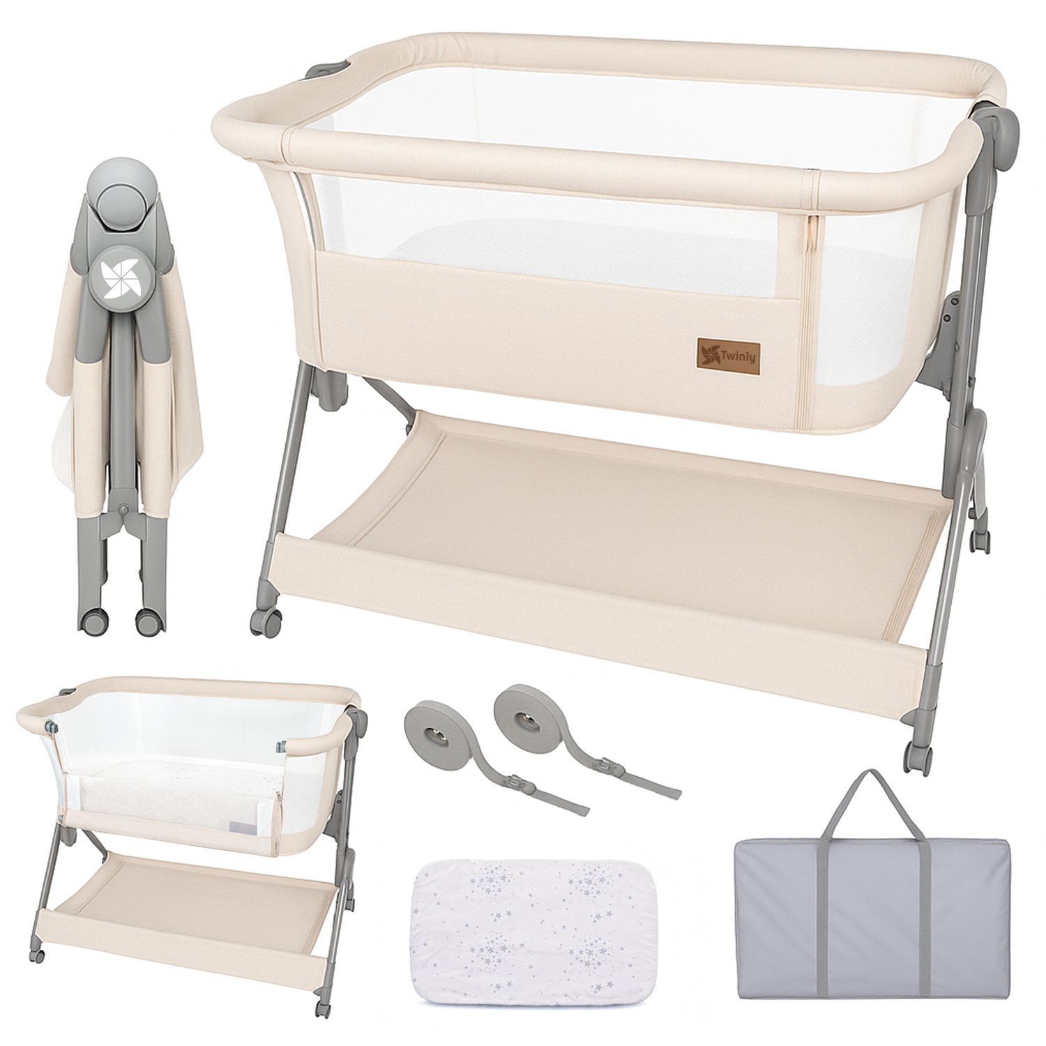 Twinly - Cuna Colecho bebé Minicuna Viaje portátil, fácil Plegado Compacto Altura Ajustable 5 Posiciones, Nacimiento 0+ hasta 6 Meses Comfortly – Bolsa Transporte, colchón, Cesta, sin Montaje