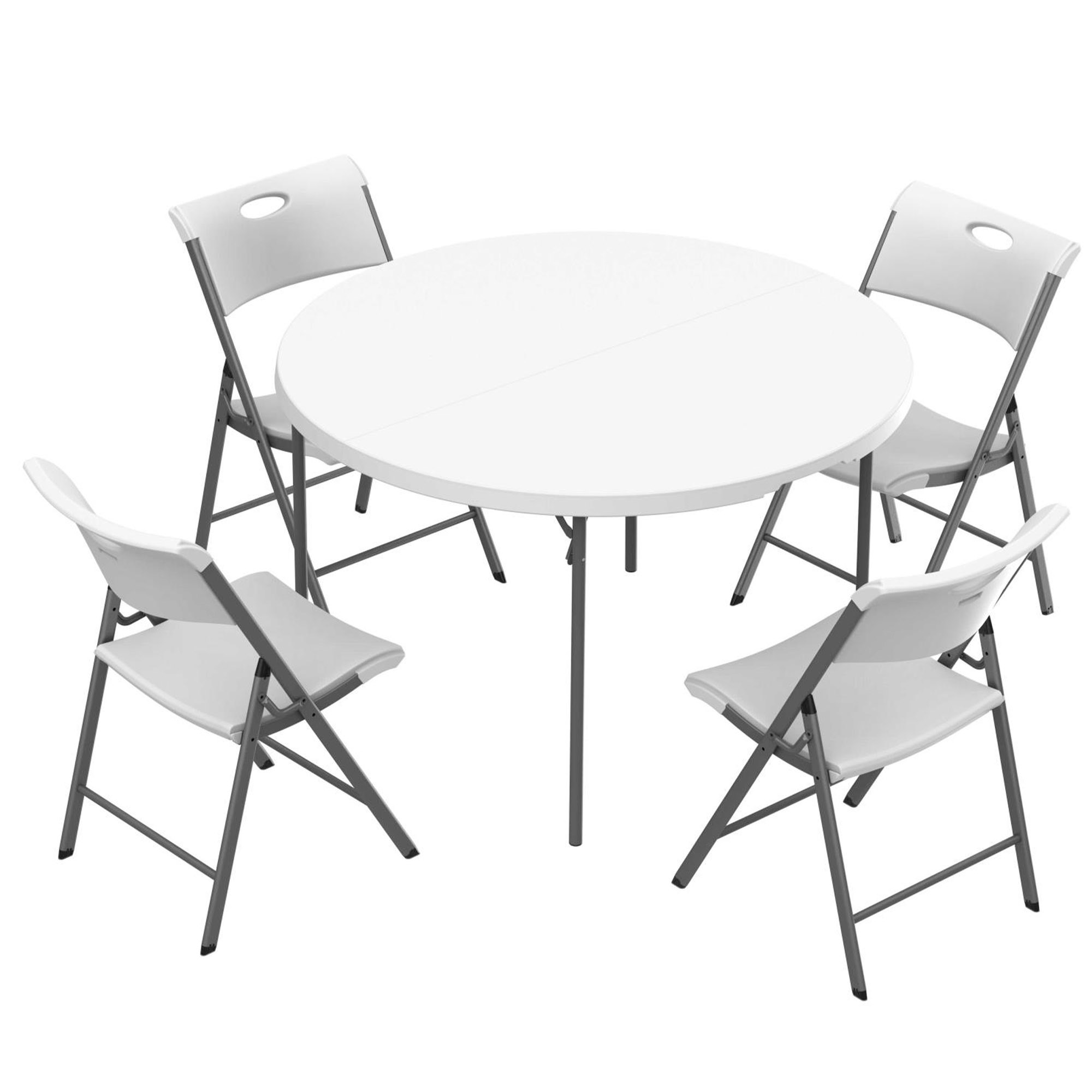 Lifetime - Pack mesa redonda Ø122 cm y 4 sillas plegables, color blanco, fabricadas en HDPE y acero resistente, con protección UV, patas con topes protectores, ideal para interior y exterior, perfecto para evento, jardín y hostelería