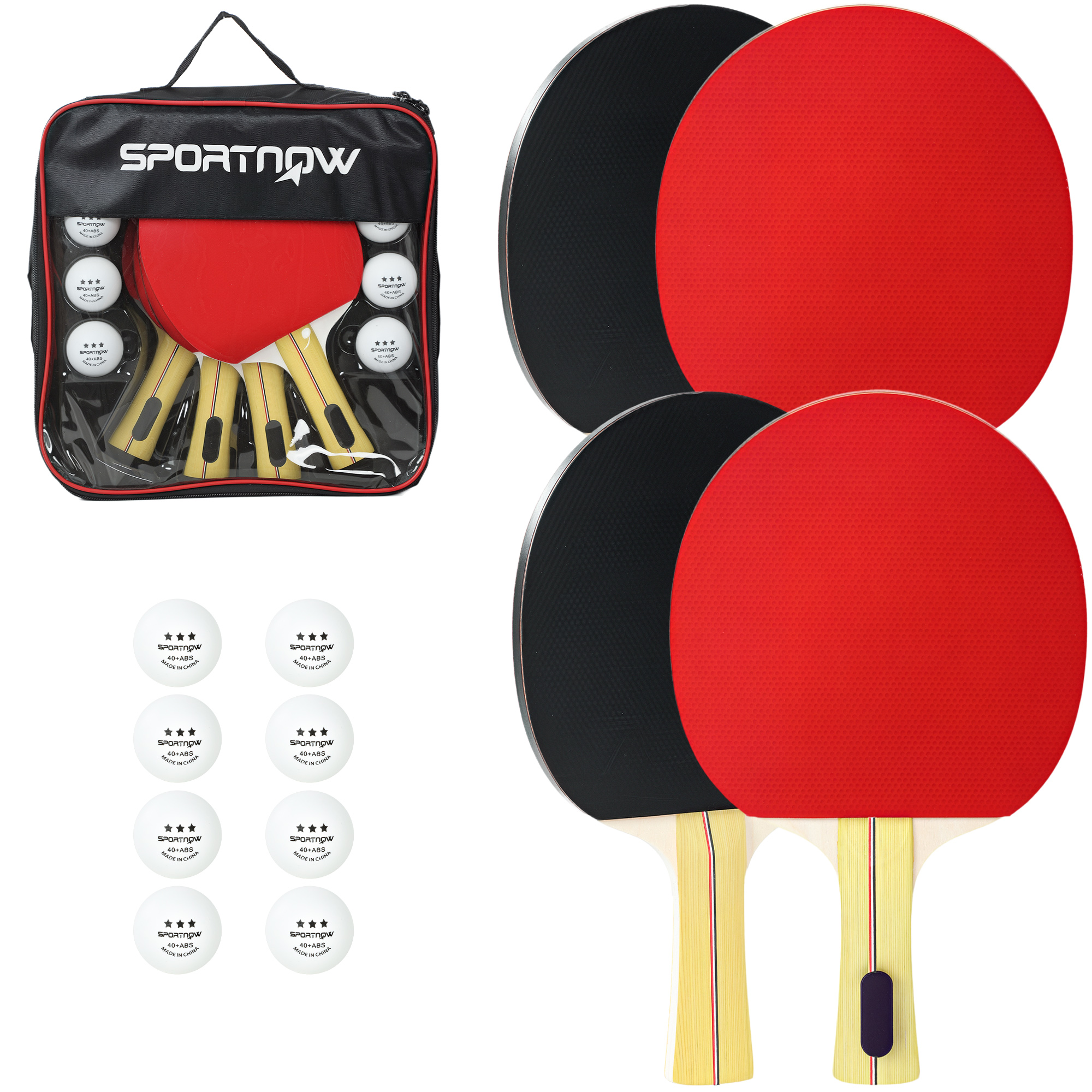 SPORTNOW Palas de Ping Pong, Juego de Tenis de Mesa Portátil, con 4 Raquetas de Ping Pong, 8 Pelotas y Estuche de Transporte, para Principiantes, Expertos, Interior y Exterior Rojo