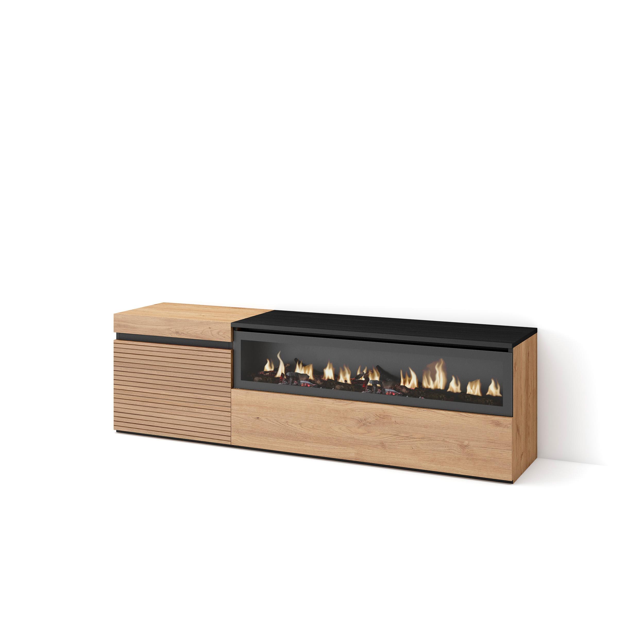 Skraut Home, Mueble TV, Televisión, Muebles de Salón con dos puertas para almacenaje, 150x45x35cm, Chimenea Eléctrica led efecto fuego 3d, color Roble