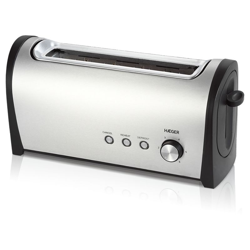 Tostador de Pan Haeger Rápido Tostado 1000w - 1 Ranura Larga - 6 Posiciones - Recalentado/descongelado - Acero Inox