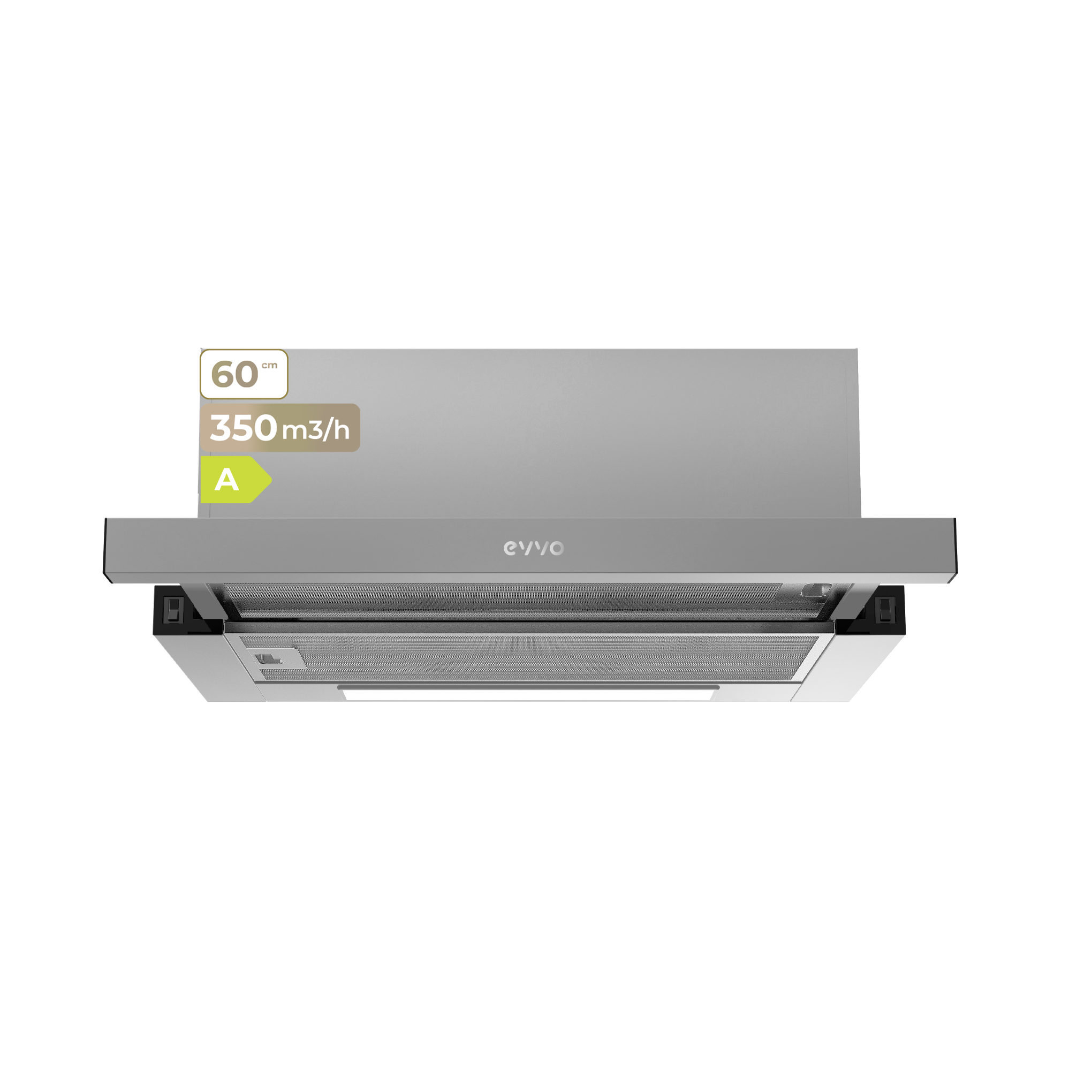 EVVO Campana Extractora Telescópica CE10, Ancho 60 cm, Potencia 350 m³/h, 2 Velocidades, Filtro de Carbón y Aluminio