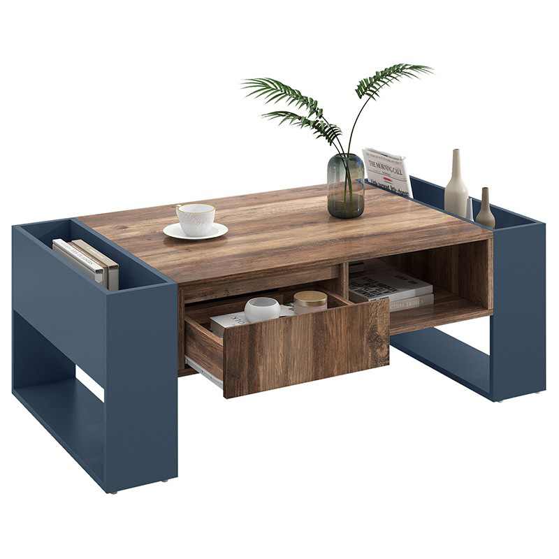 Table basse anthracite et effet bois 111 x 60 x 40 cm avec tiroir sans poignée et rangements accessibles des deux côtés