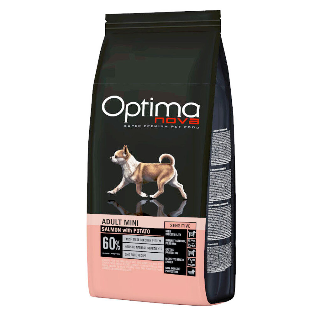 Optima Nova Adult Mini con Salmón Pienso Sin Cereales para Perros con Piel Sensible 800gr, 2kg, 8kg